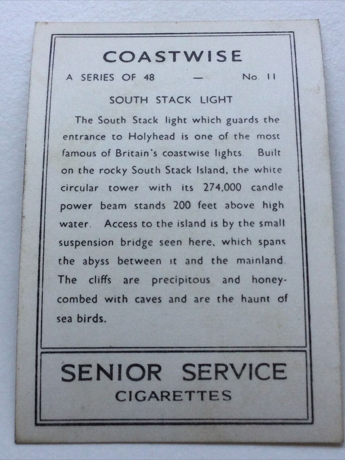 Vintage Cigarette Card - 1939 1930s - Senior Service - COASTWISE - No. 11 - SOUTH STACK LIGHT - lighthouse