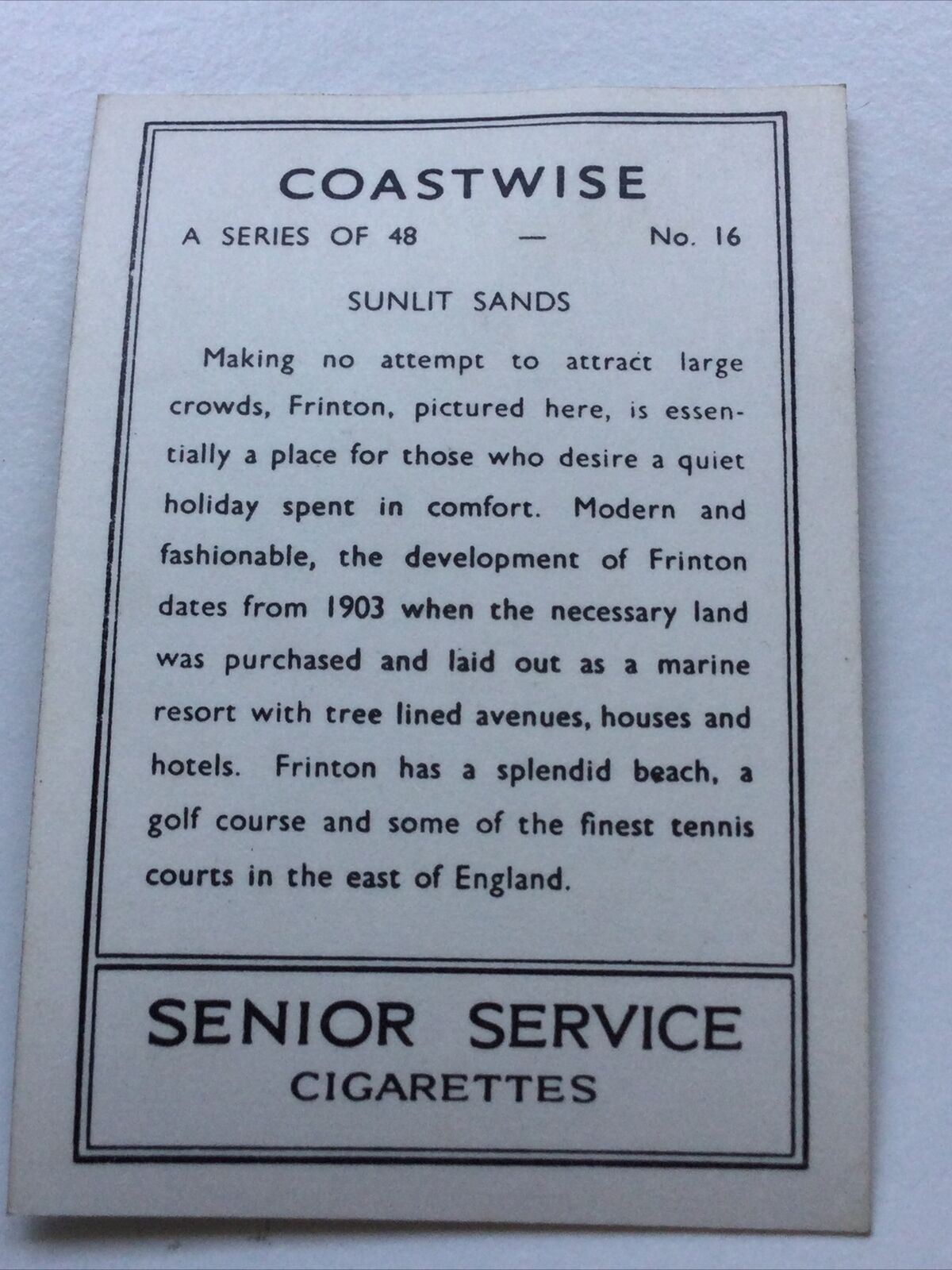 Vintage Cigarette Card - 1939 1930s - No. 16 - Frinton ‘Sunlit Sands’ Senior Service - Coastwise