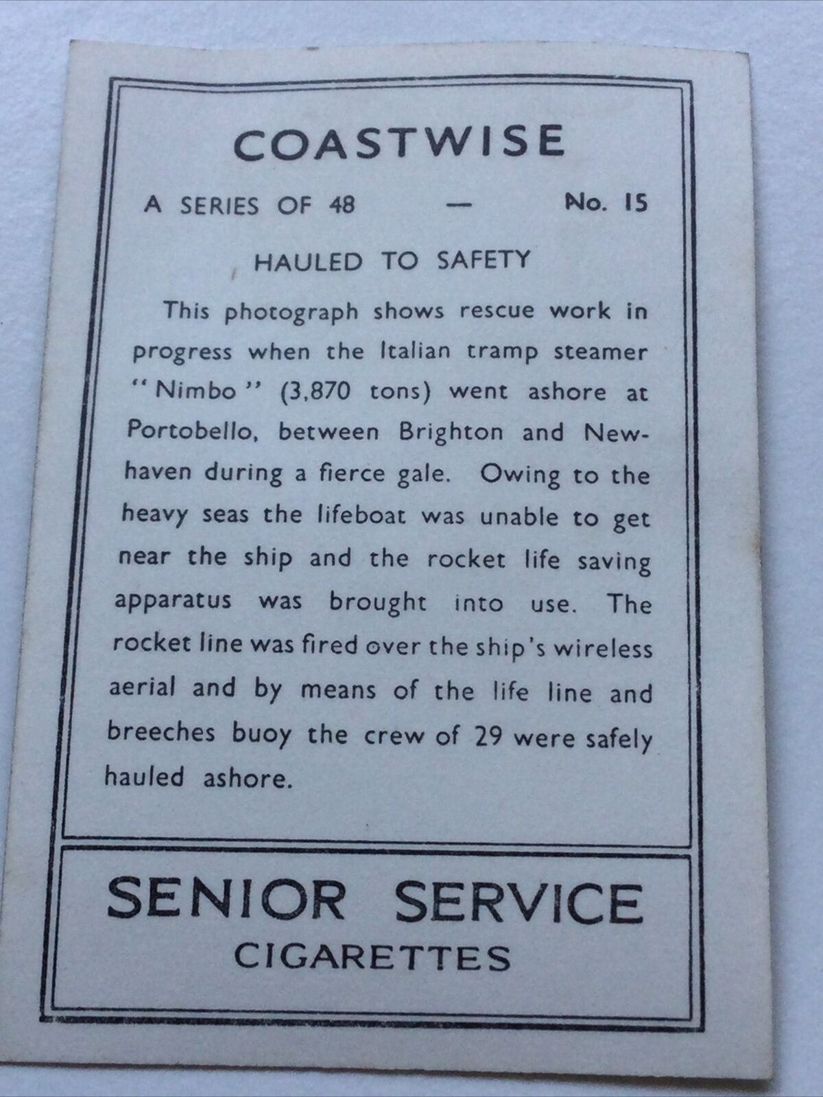 Vintage Cigarette Card - Senior Service - 1939 1930s - Coastwise - No. 14 Hauled To Safety - Italian Tramp Steamer Nimbo, Portobello