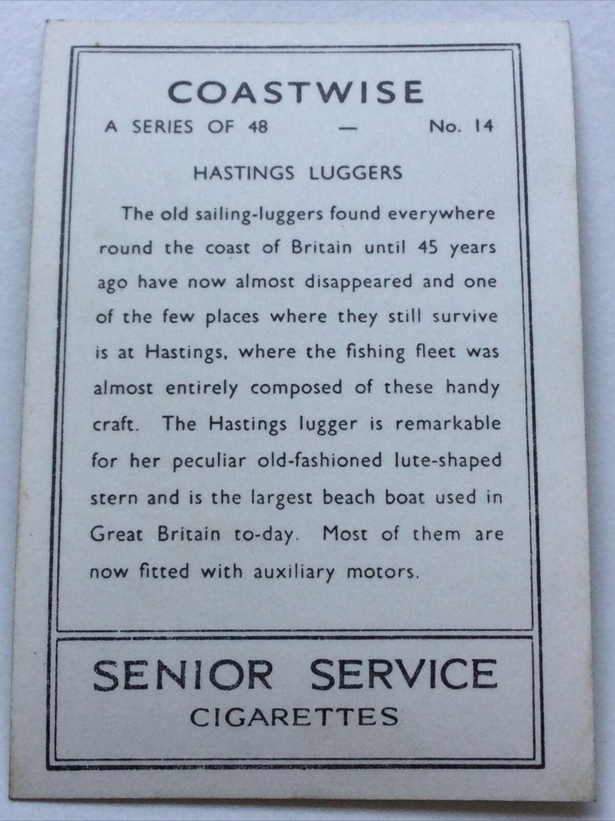 Vintage Cigarette Card - Senior Service - Coastwise - 1939 1930s - No. 14 - Hastings Luggers Fishing Beach Boat