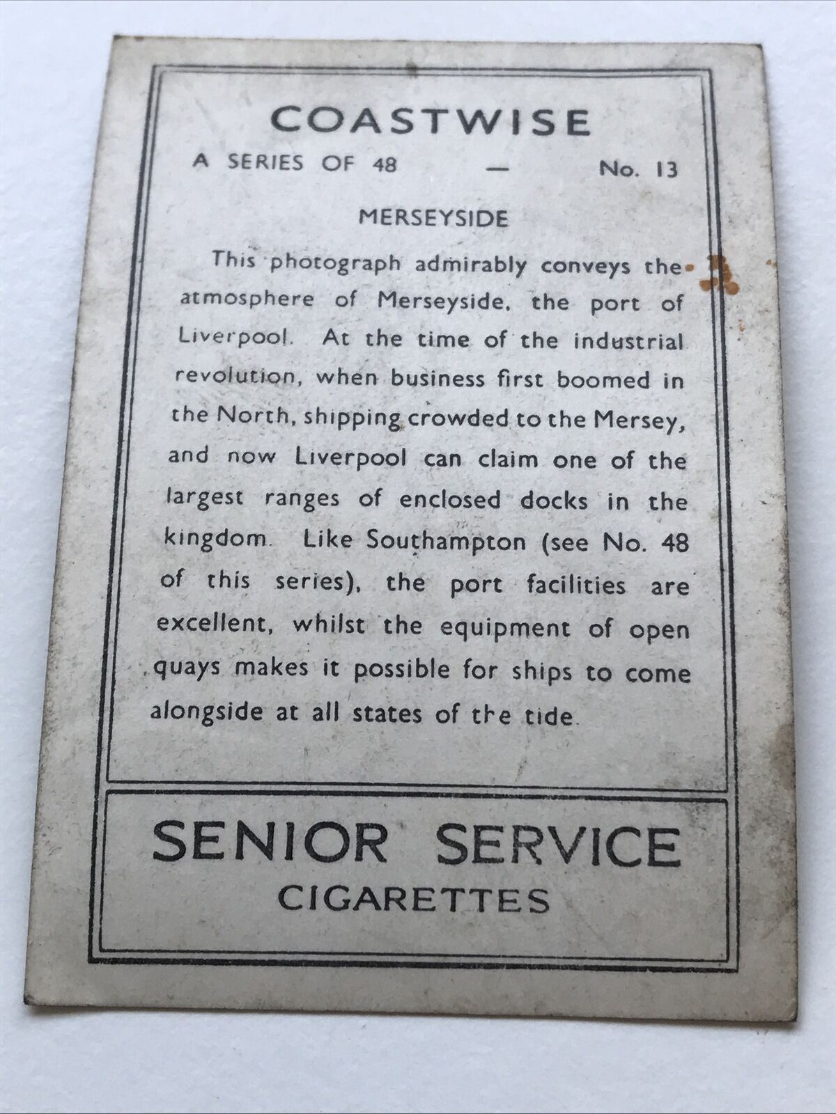Vintage Photo Cigarette Card 'Coastwise' 1939 1930s Merseyside Liverpool Docks Senior Service