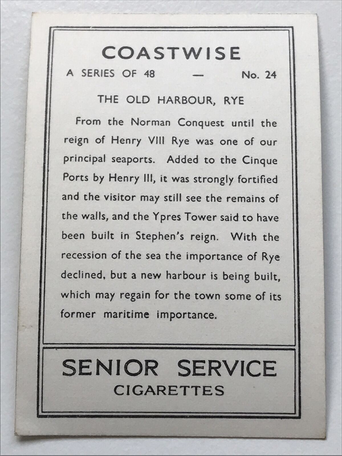 Vintage 1939 Senior Service Cigarette Card 'Coastwise' Series - No. 24 The Old Harbour, Rye.