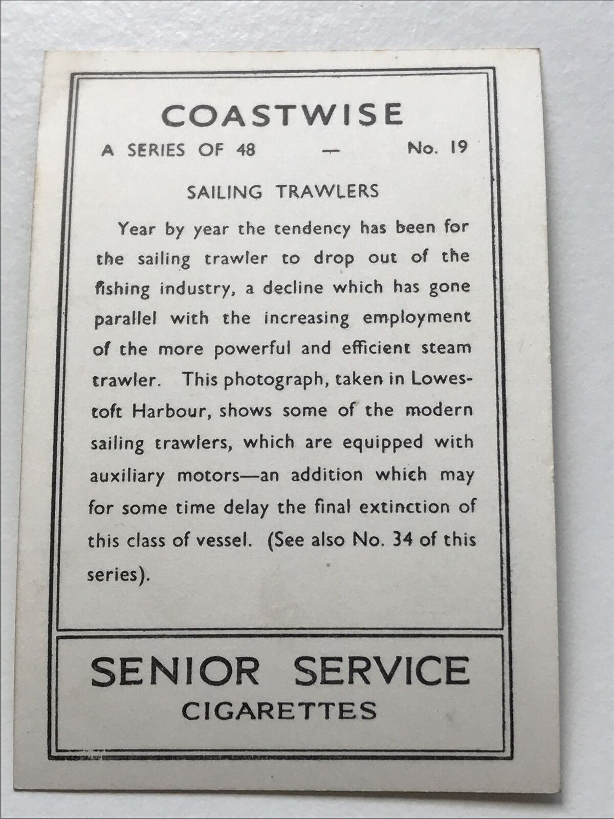 Vintage Senior Service Cigarette Card 1939 'Coastwise' - No. 19 - Sailing Trawlers - Lowestoft Harbour
