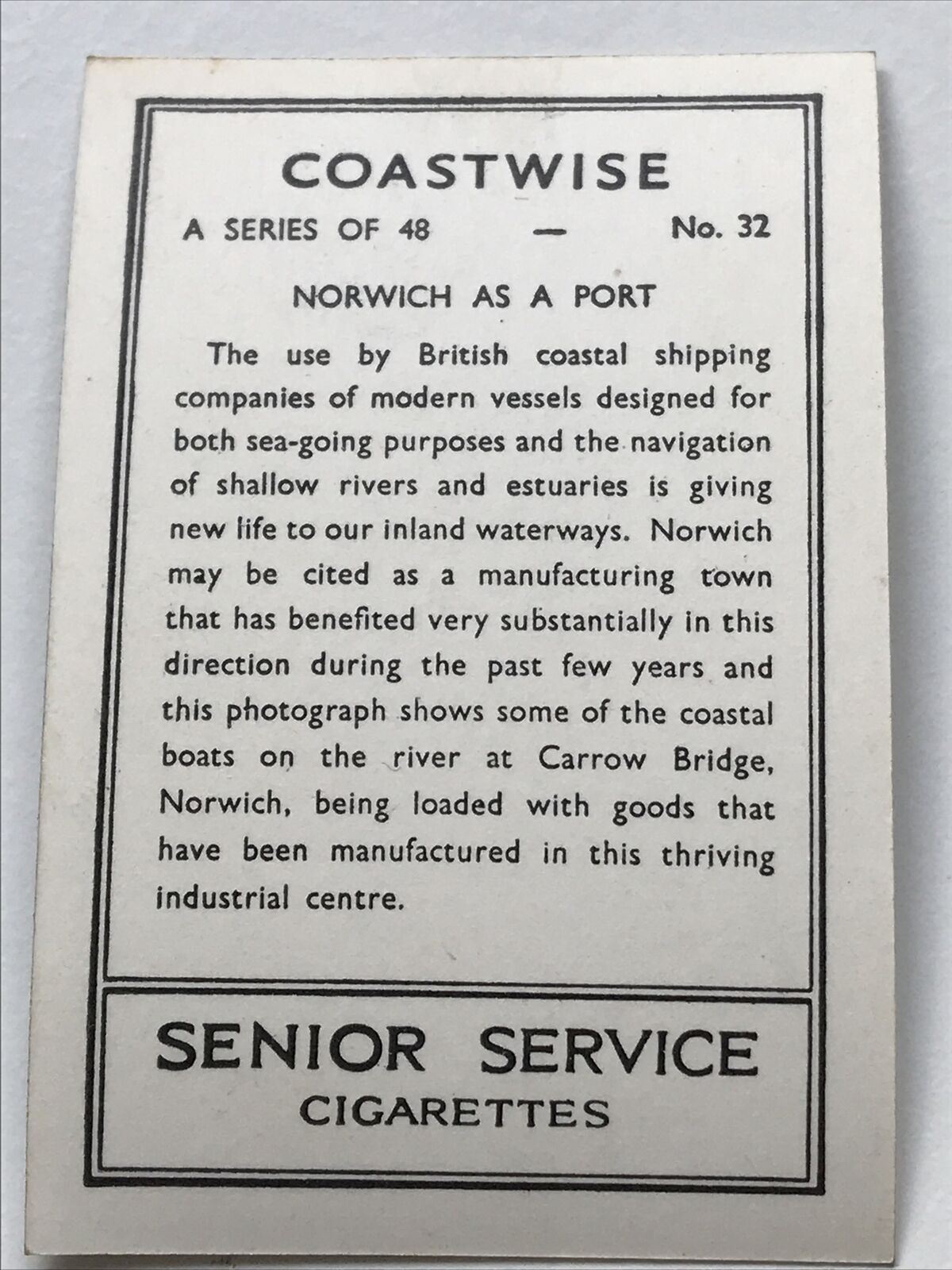 Vintage Cigarette Card - 1939 1930s - Senior Service - Coastwise - No. 32 - Norwich As A Port Inland Waterway Carrow