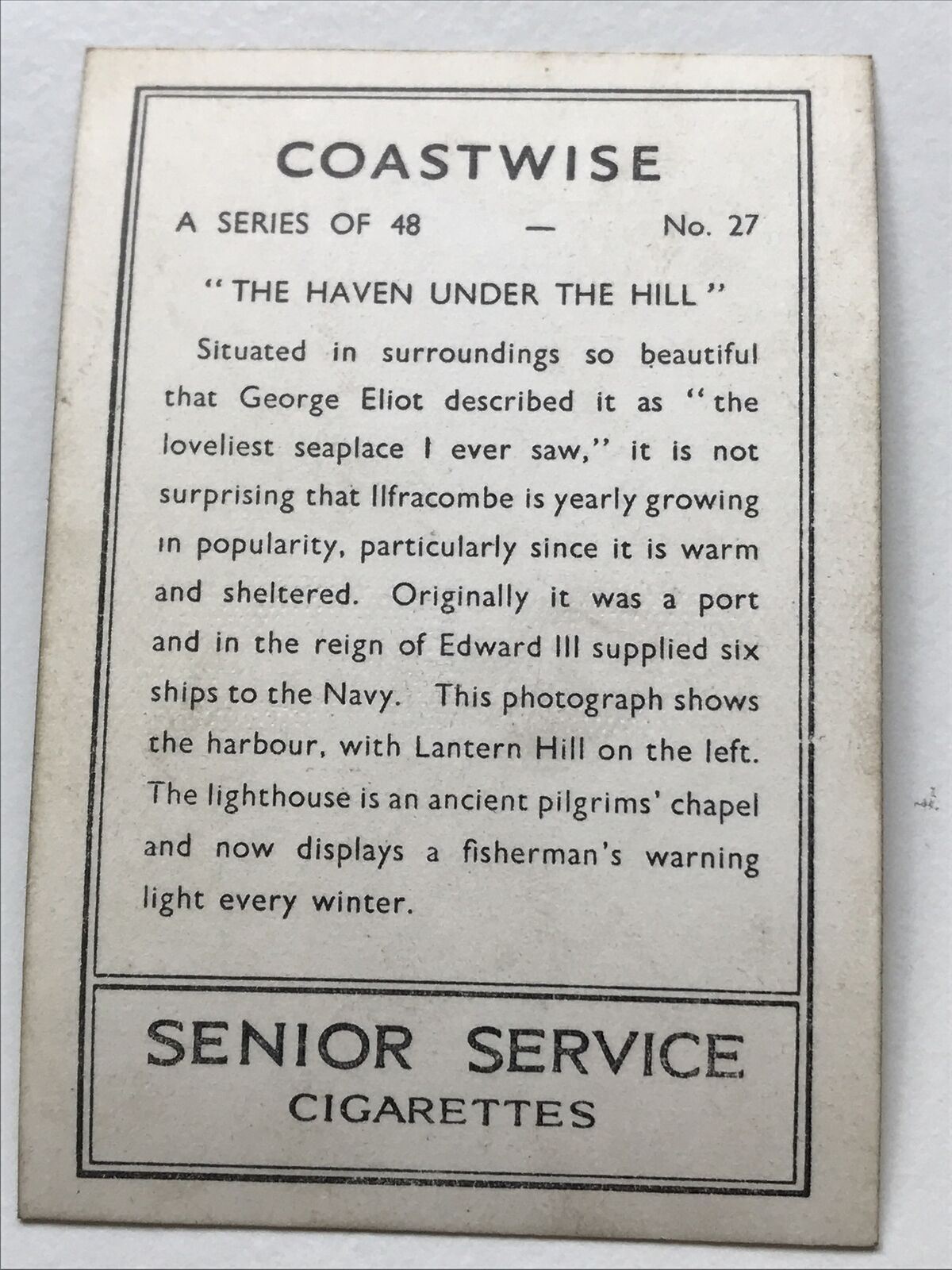 Vintage Senior Service Cigarette Card 1939 'Coastwise' - N0. 27 - 'The Haven Under The Hill'