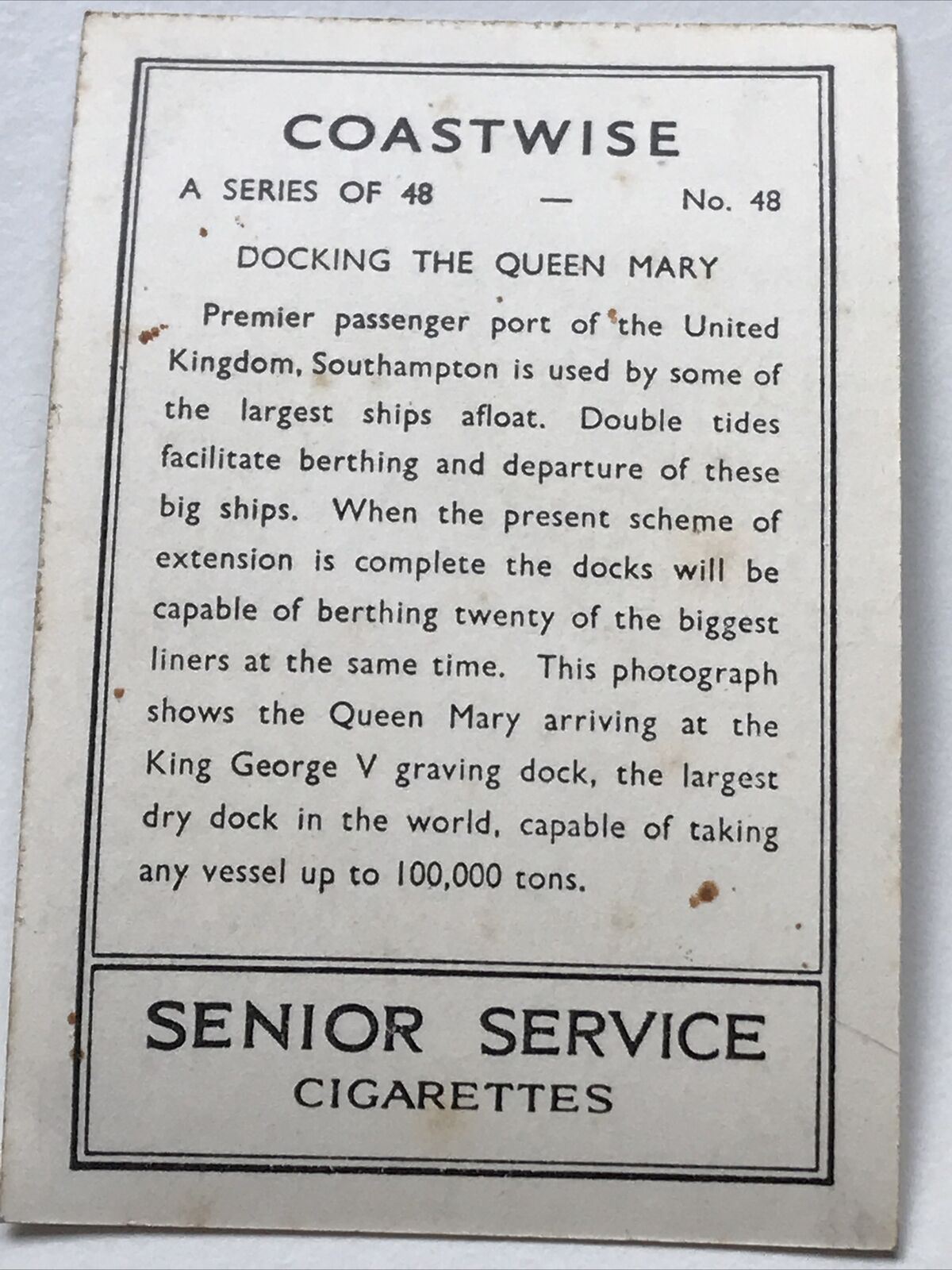 Vintage Cigarette Card - Senior Service - Coastwise - 1939 1930s No. 48 - Docking The Queen Mary Southampton No48
