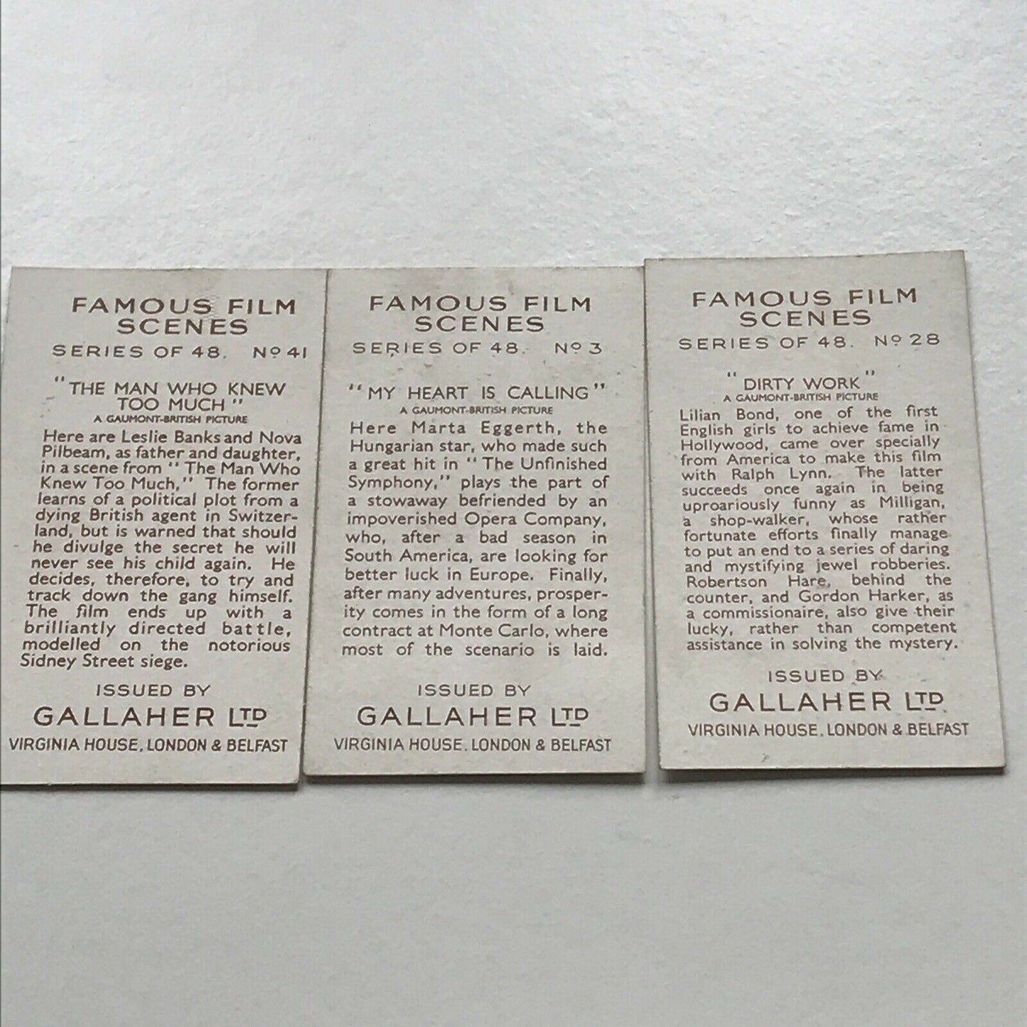 GAUMONT-BRITISH FILM MEMORABILIA. 3 x Cigarette Cards Gallaher 3 28 41 Famous
