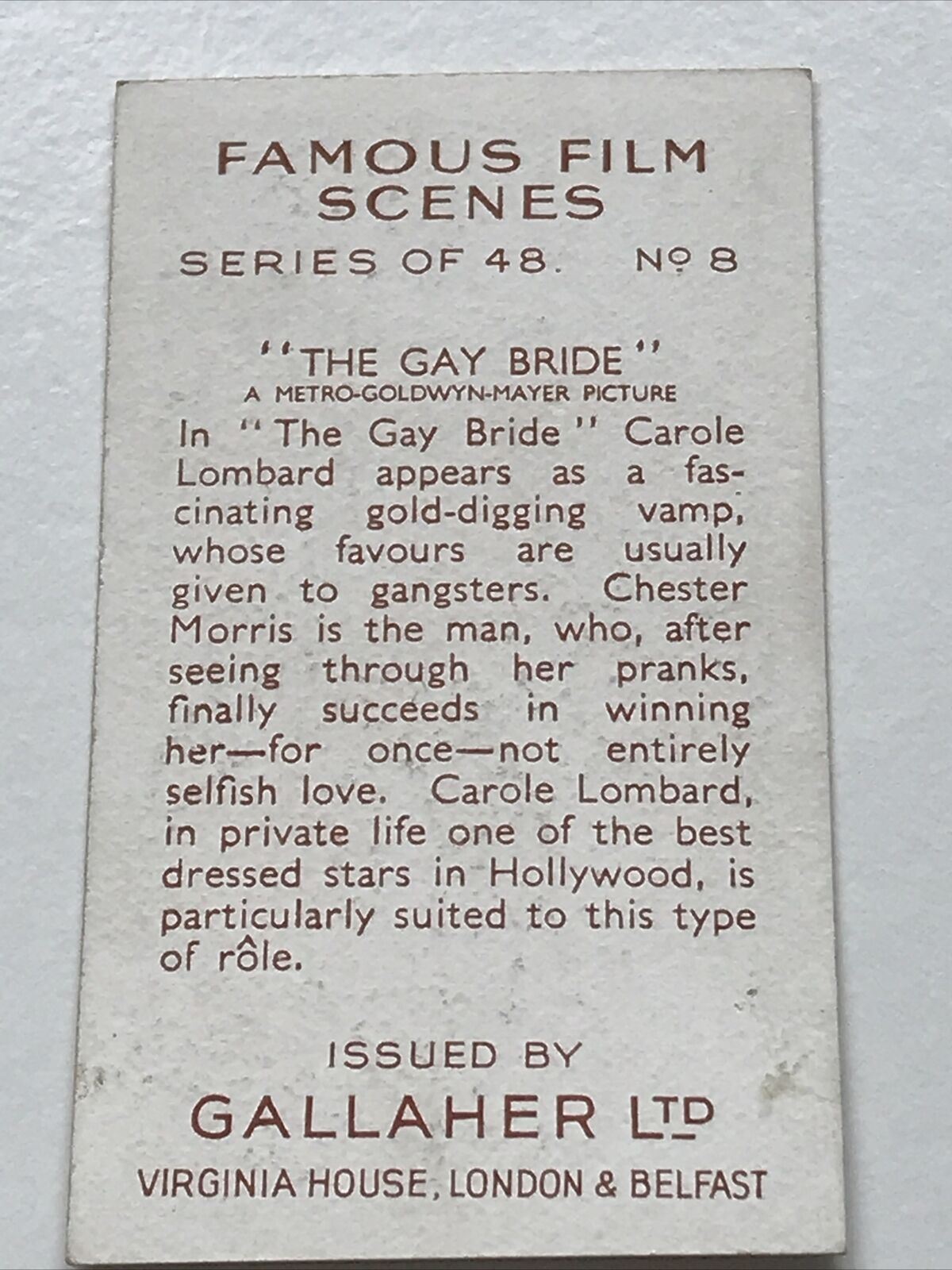 MGM The Gay Bride MOVIE MEMORABILIA. Cigarette Card Gallaher Famous Film Scenes