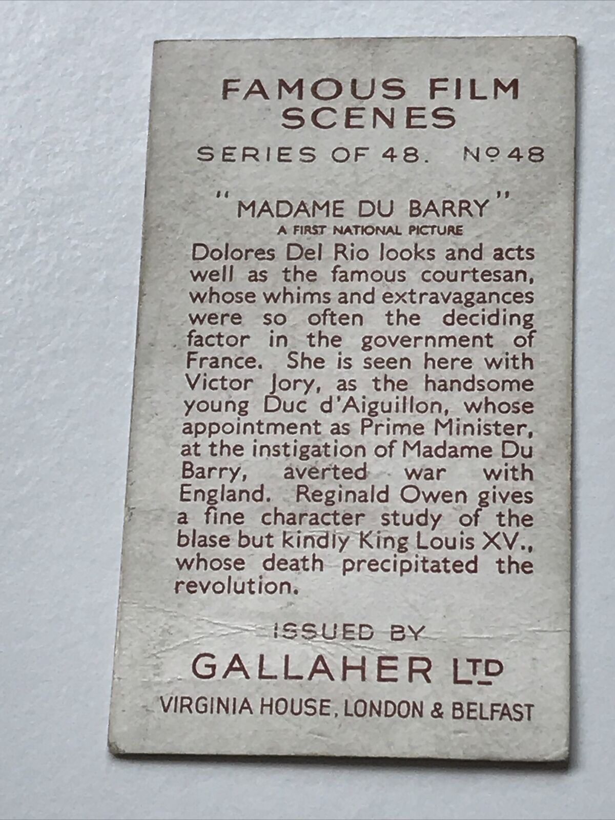 Madame Du Barry. Gallaher Cigarette Card. 'Famous Film Scenes' Card No. 48. Dolores Del Rio.