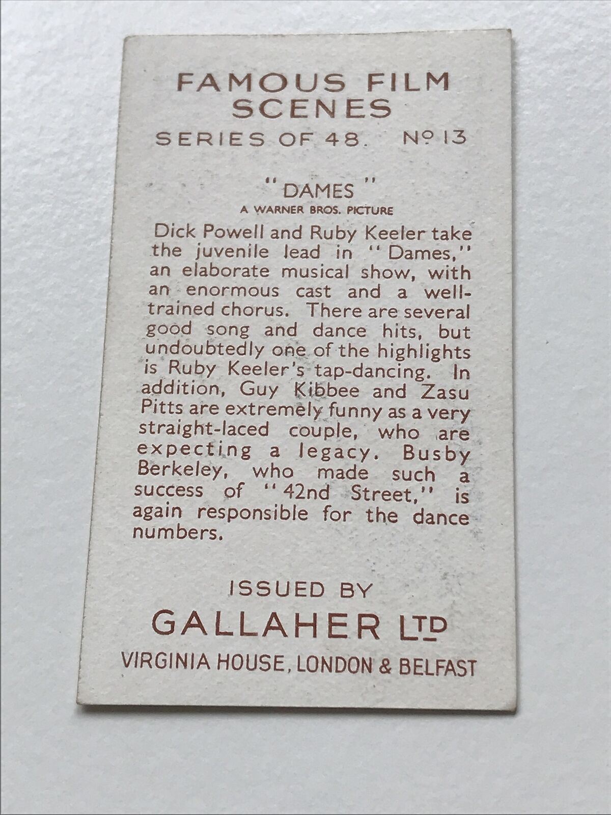 Warner Brothers MOVIE MEMORABILIA. Cigarette Cards Gallaher Famous Film Scenes