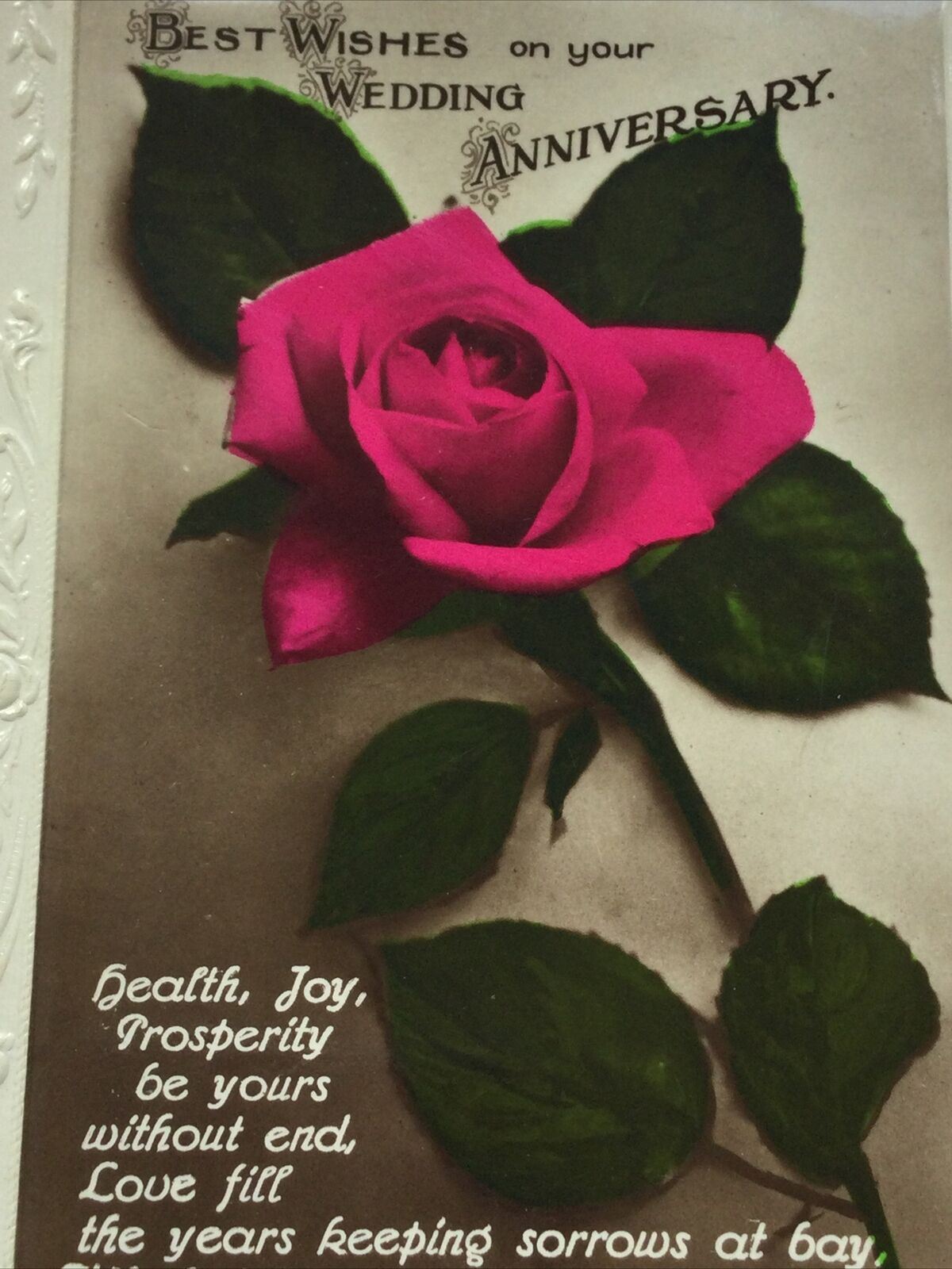 Vintage Wedding Anniversary Postcard - Nice Poem - Pink Rose - Real Photograph - Embossed