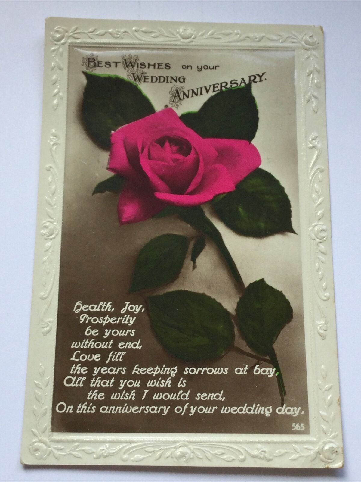 Vintage Wedding Anniversary Postcard - Nice Poem - Pink Rose - Real Photograph - Embossed