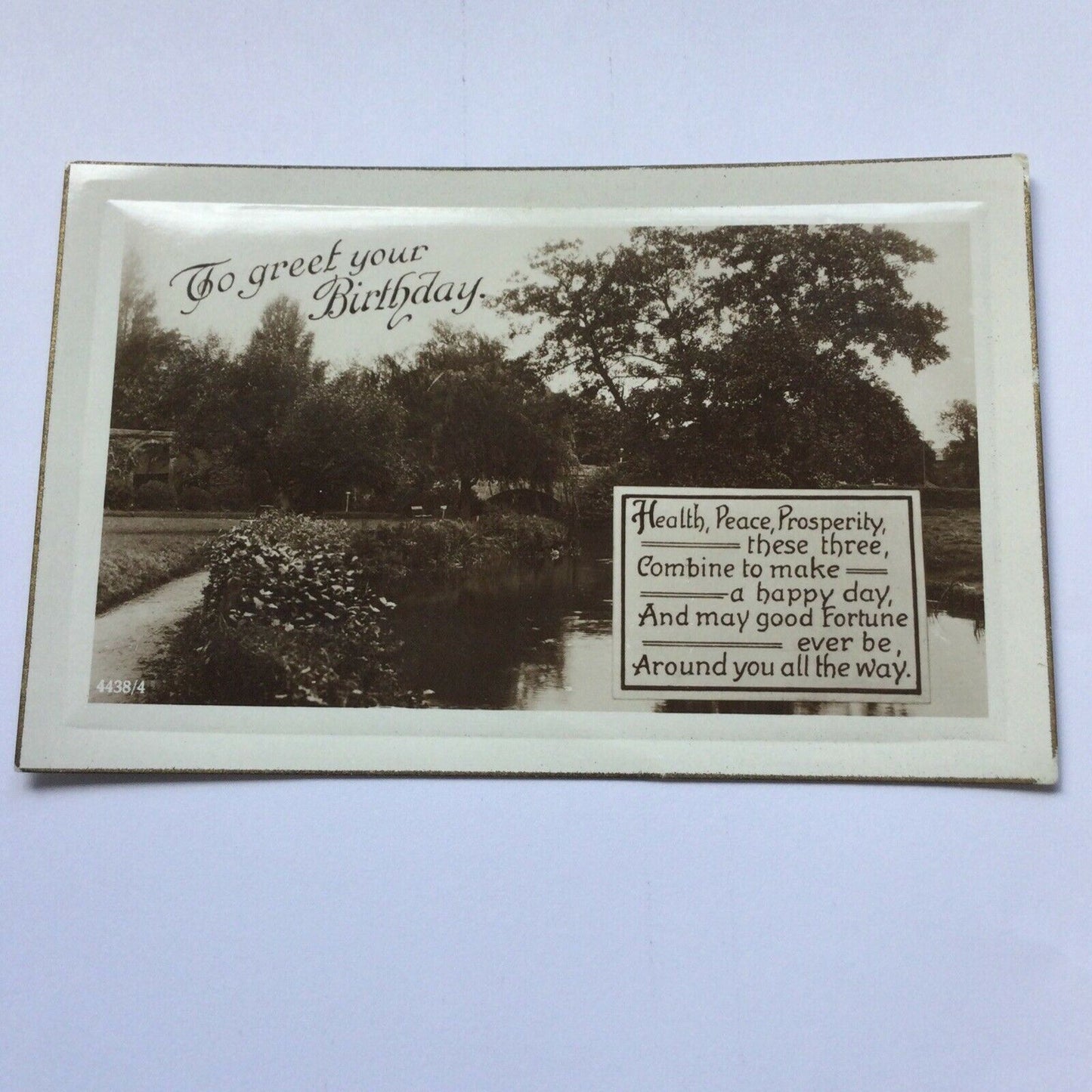 Vintage Birthday Greetings Postcard Real Photograph Riverside Trees Poem 'Health Peace and Prosperity'