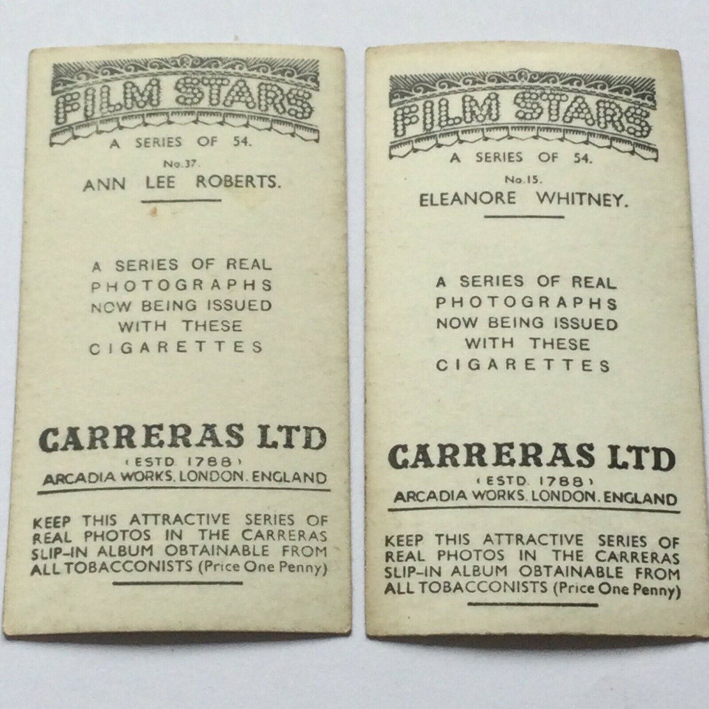 2 x Carreras Cigarette Cards FILM STARS ANN LEE ROBERTS ELEANORE WHITNEY 37 15