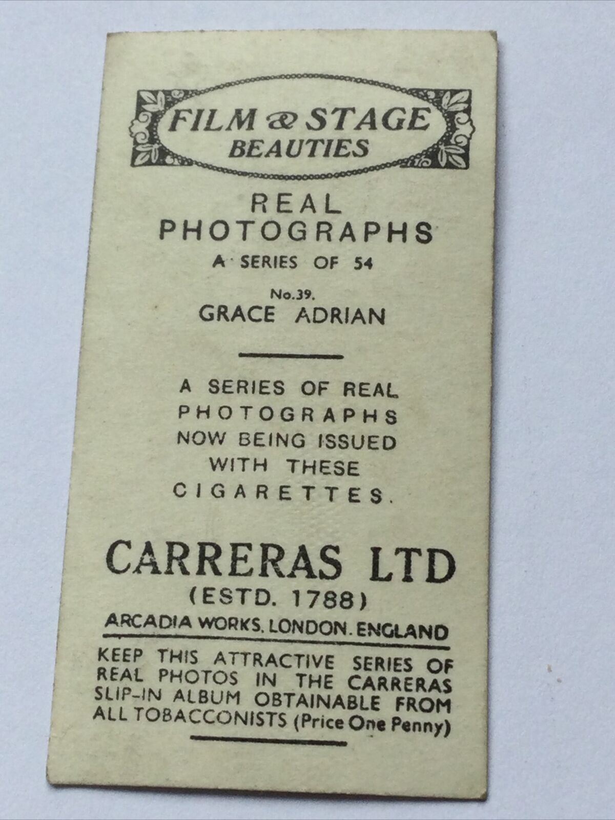 GRACE ADRIAN Real Photo Carreras Cigarette Card #39/54 Film & Stage Beauties Negligee