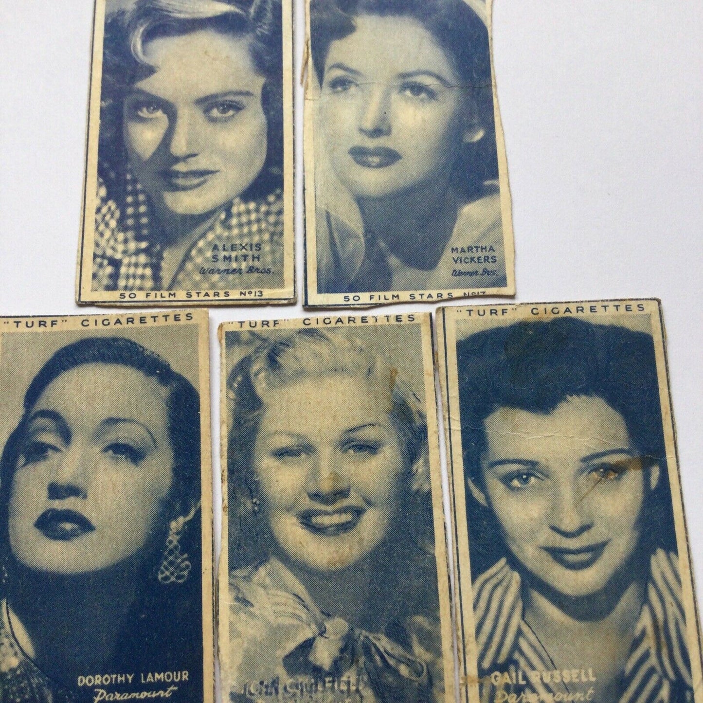 5 x Turf Cigarette Cards FILM STARS DOROTHY LAMOUR MARTHA VICKERS ALEXIS SMITH