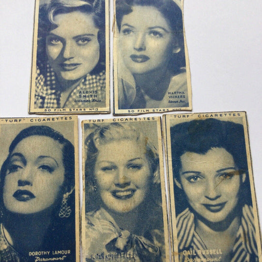 5 x Turf Cigarette Cards FILM STARS DOROTHY LAMOUR MARTHA VICKERS ALEXIS SMITH