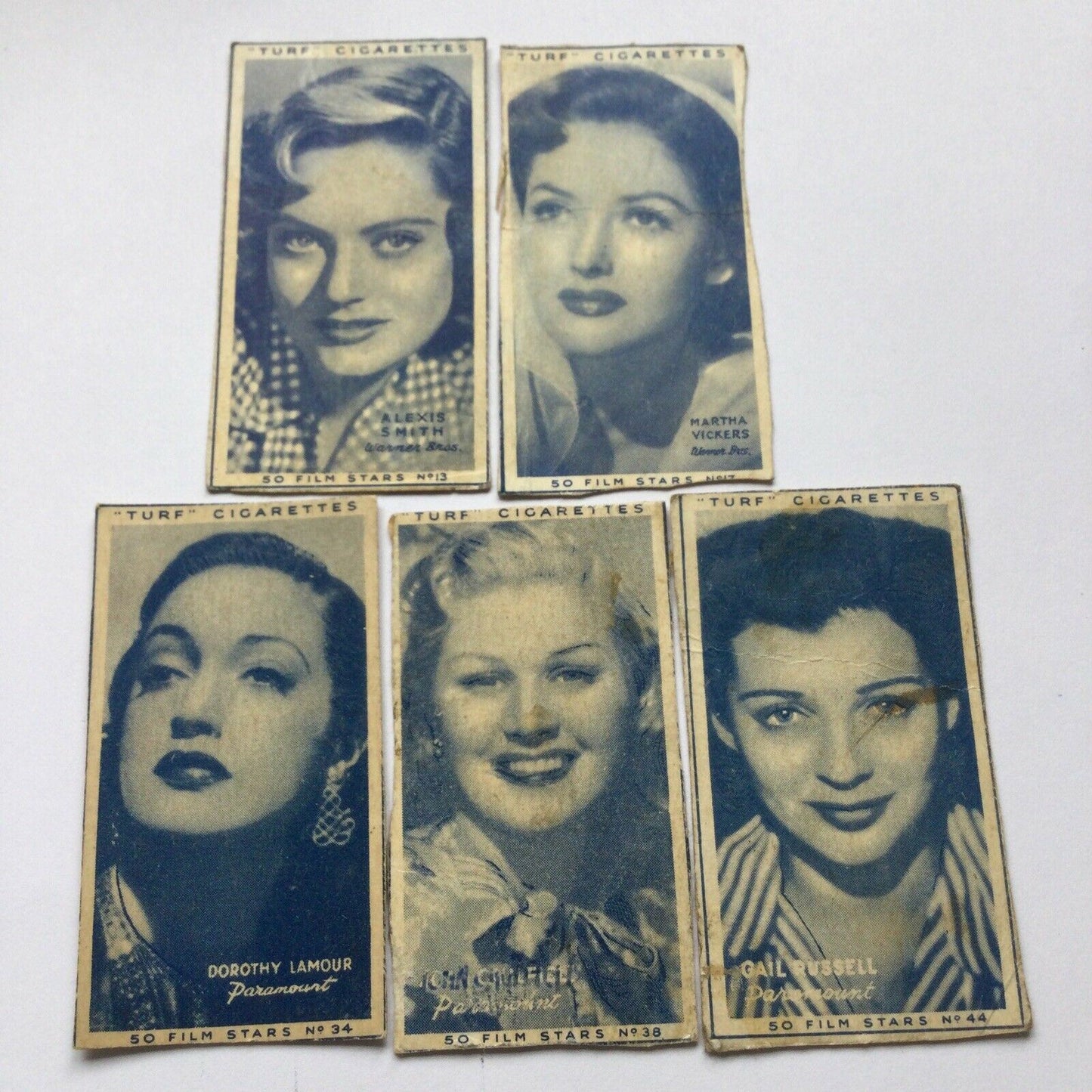 5 x Turf Cigarette Cards FILM STARS DOROTHY LAMOUR MARTHA VICKERS ALEXIS SMITH