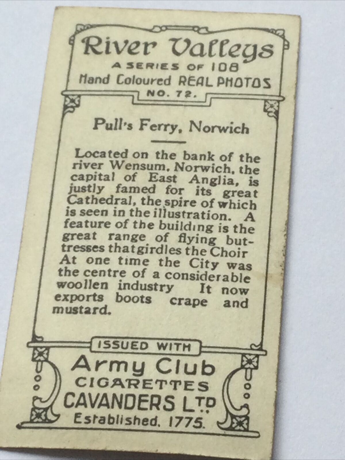 PULL’S FERRY NORWICH - Cavanders Cigarette Card - River Valleys - No. 72 - Hand Coloured