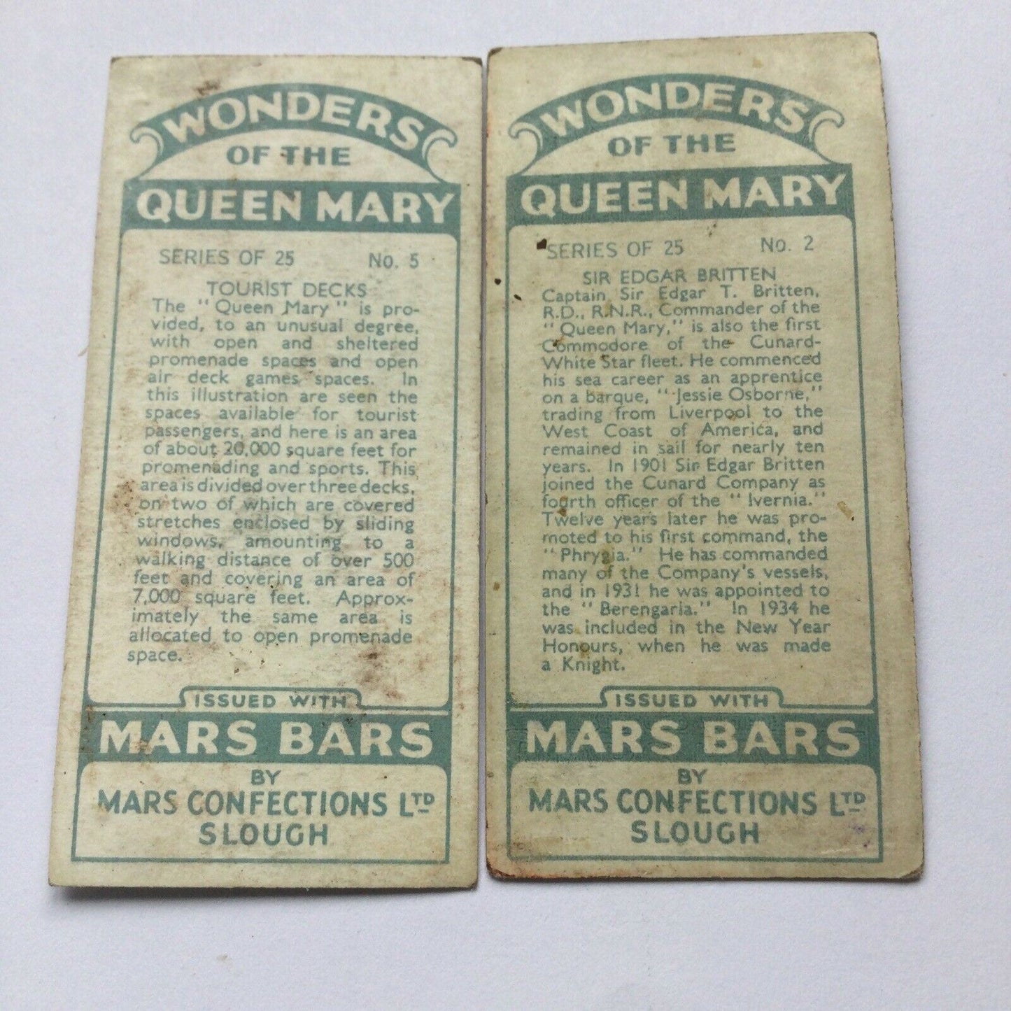 WONDERS OF THE QUEEN MARY MARS BAR TRADE CARDS #2 And #5 Sir Edgar Britten Decks