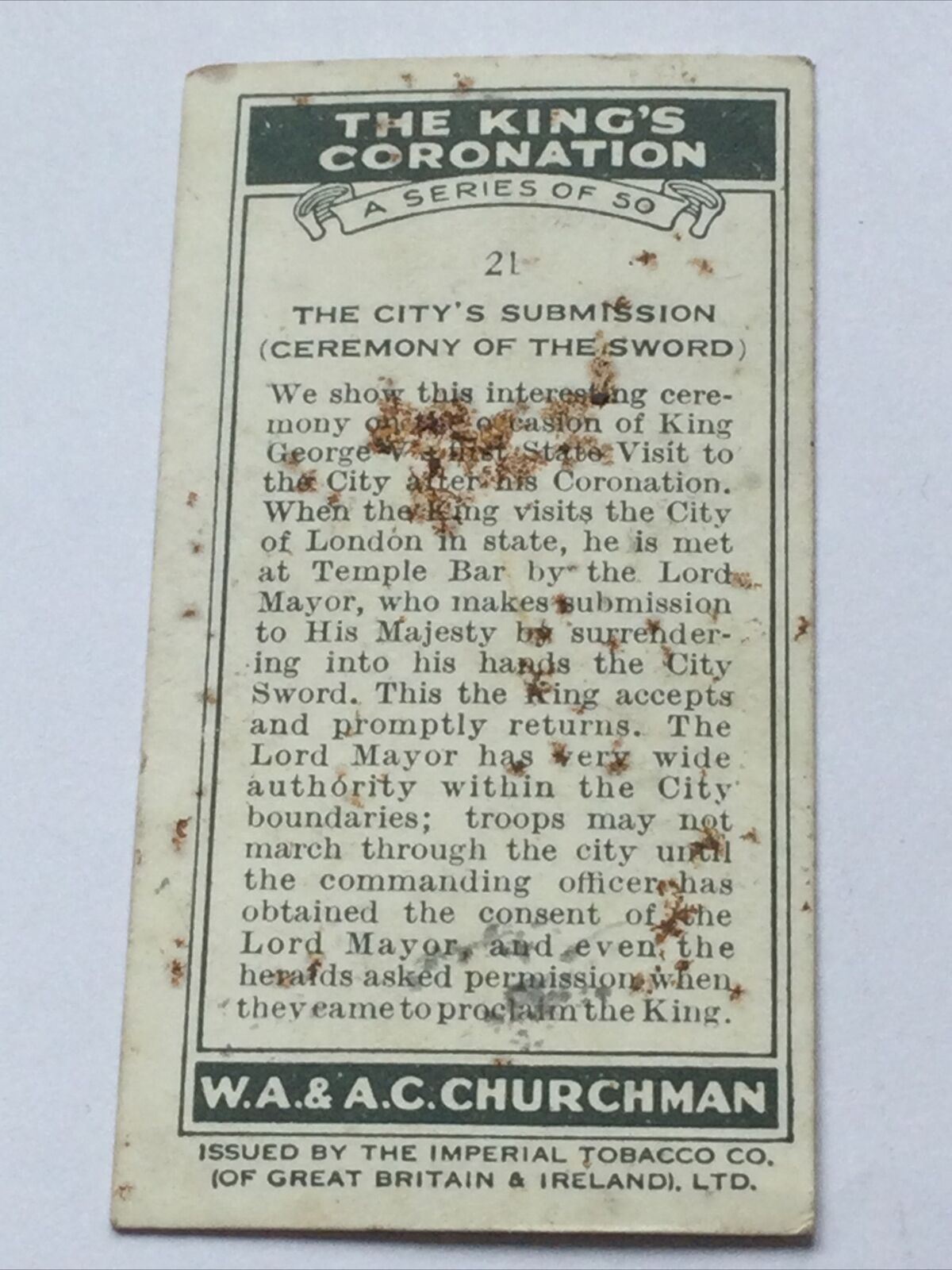 Churchman Cigarette Card The Kings Coronation #21 City’s Submission George V