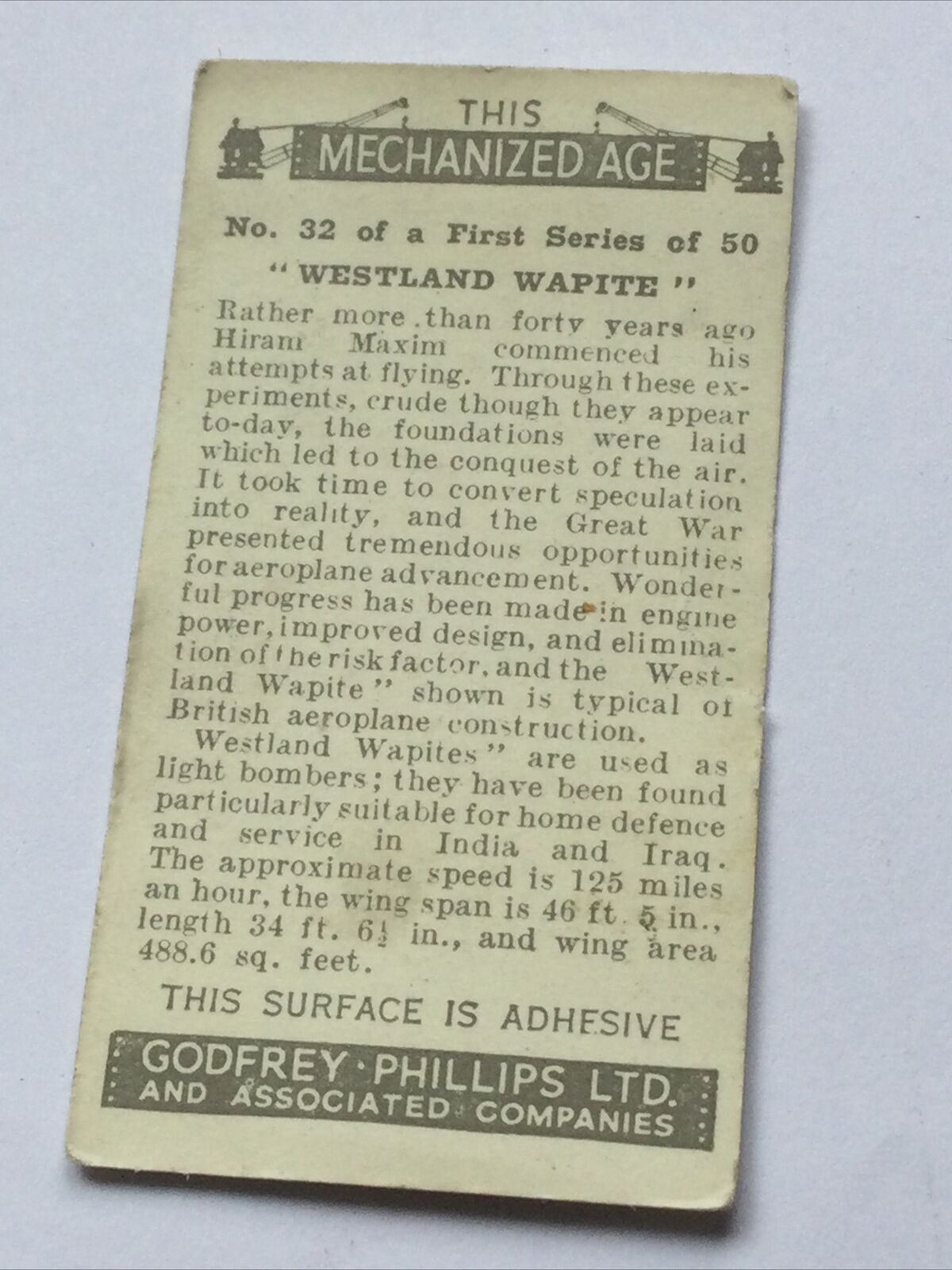 WESTLAND WAPITE Godfrey Phillips Cigarette Card #32/50 THIS MECHANIZED AGE