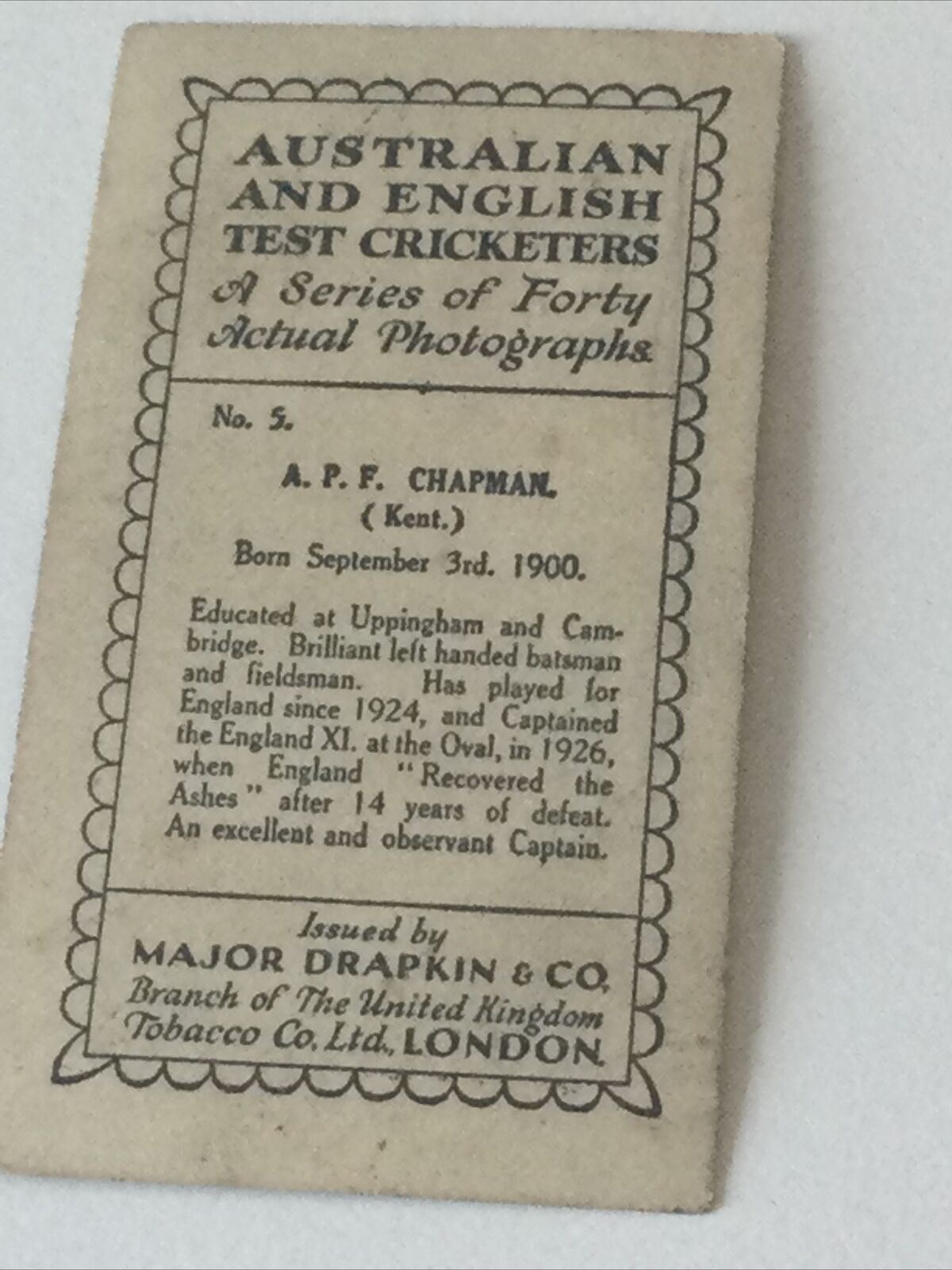 Vintage 1928 Major Drapkin Cigarette Card 'Australian And English Test Cricketers' No.5 A P F Chapman