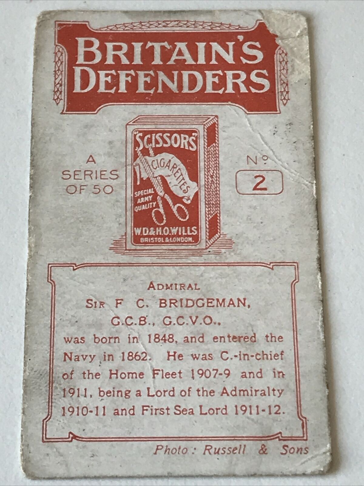 WILLS (SCISSORS) Cigarette Card - Britain's Defenders (RED) - No. 30 ADMIRAL SIR F C BRIDGEMAN Card