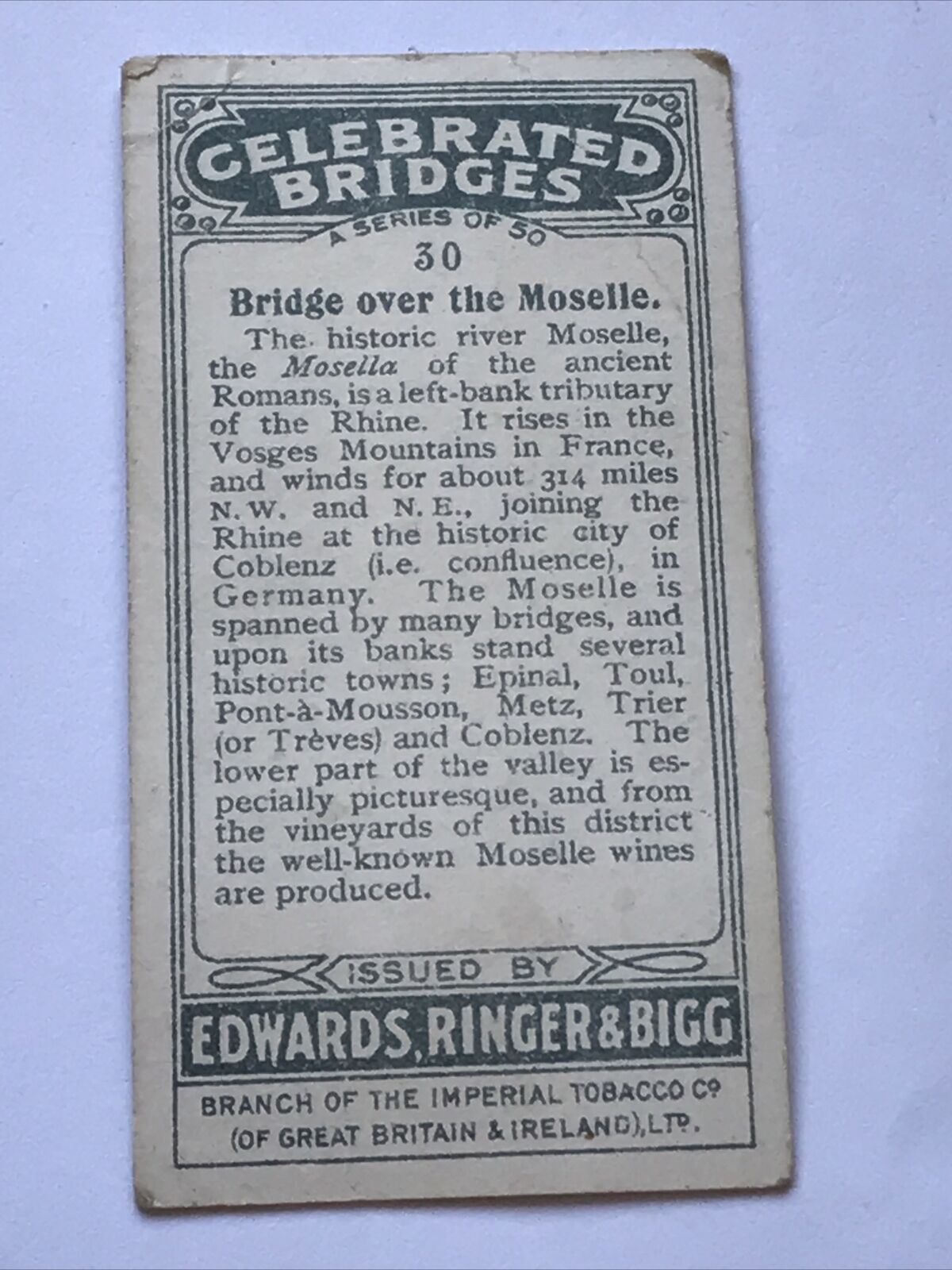 Edwards, Ringer & Bigg Cigarette Card - 1920s - CELEBRATED BRIDGES - No.30 - Bridge Over The Moselle