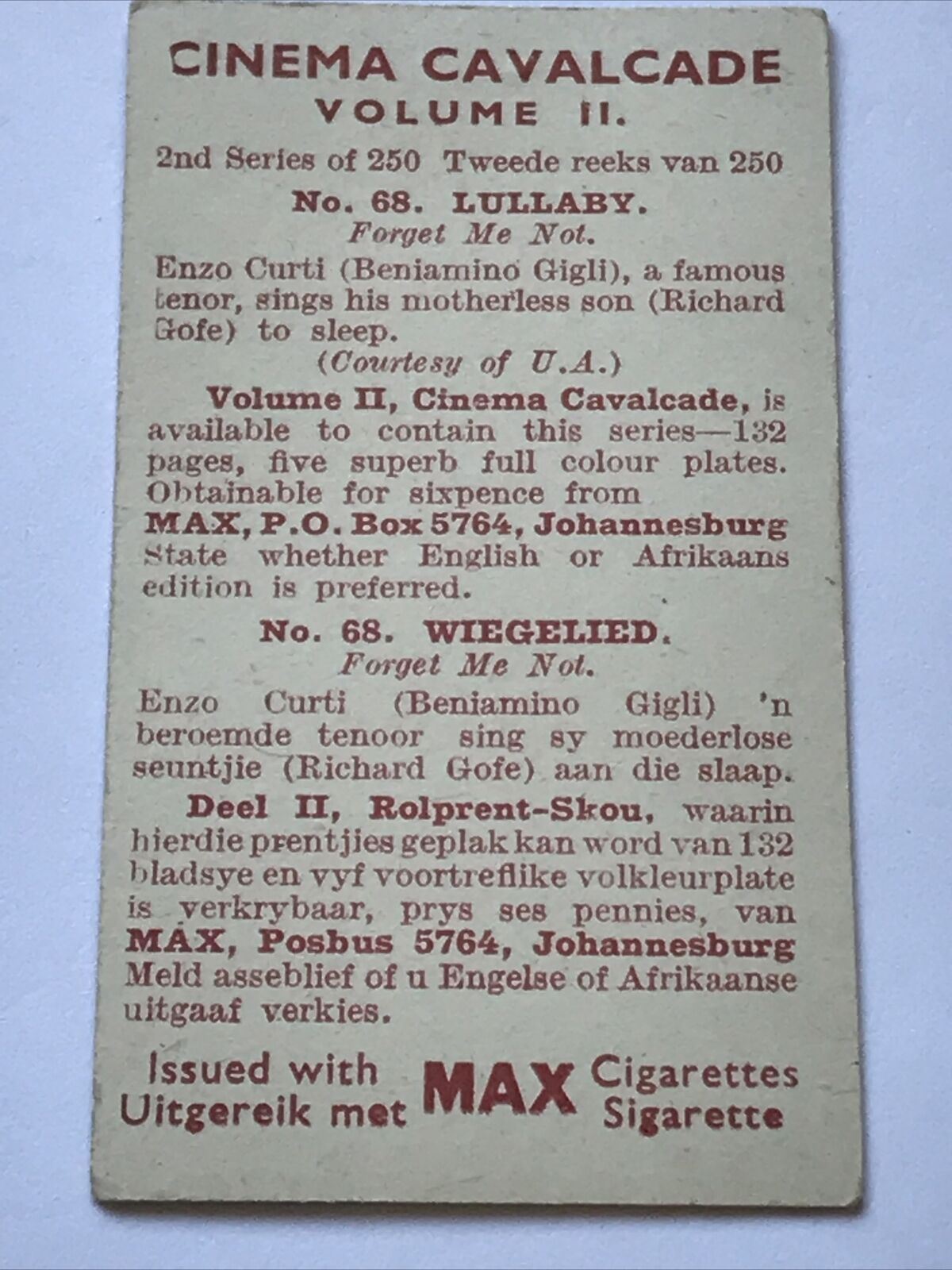 WIX-MAX CIGARETTES CINEMA CAVALCADE no68 Series 2 Beniamino Gigli In ‘Lullaby’