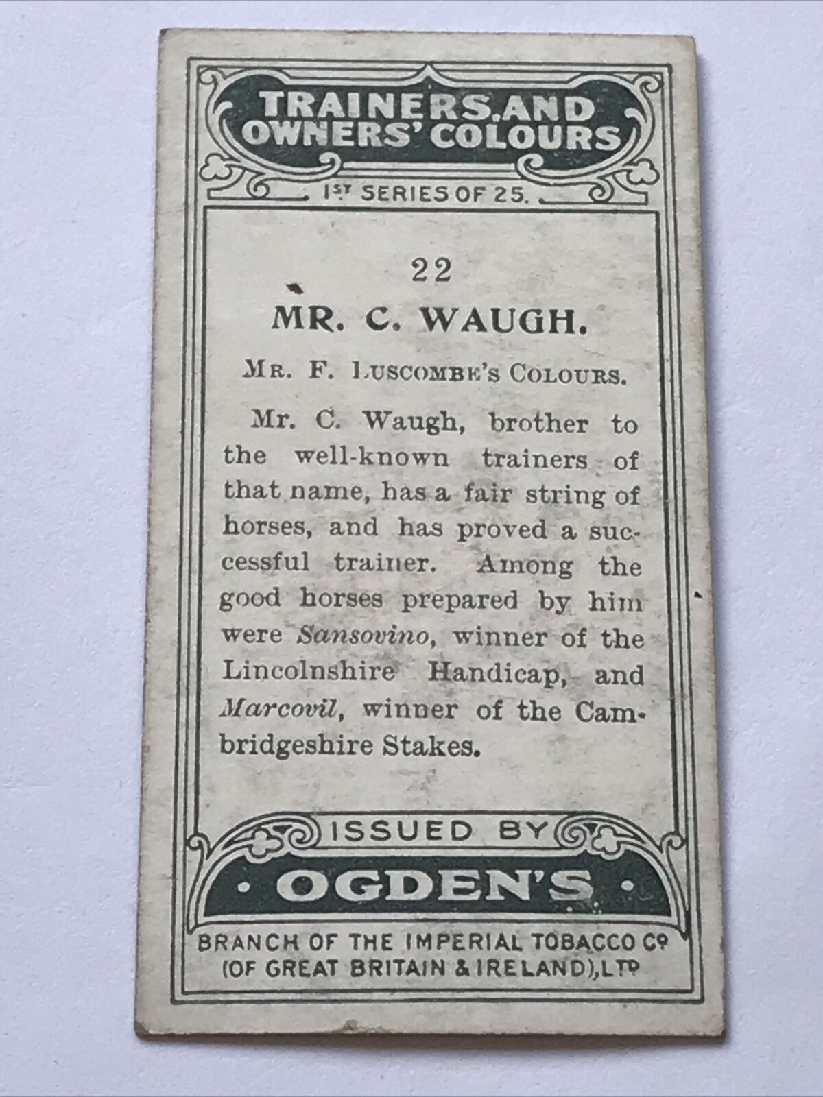 Ogdens Cigarette Card - 1925  'Trainers and Owner's Colours' - No. 22 - Mr C Waugh - Mr F Luscombe's Colours