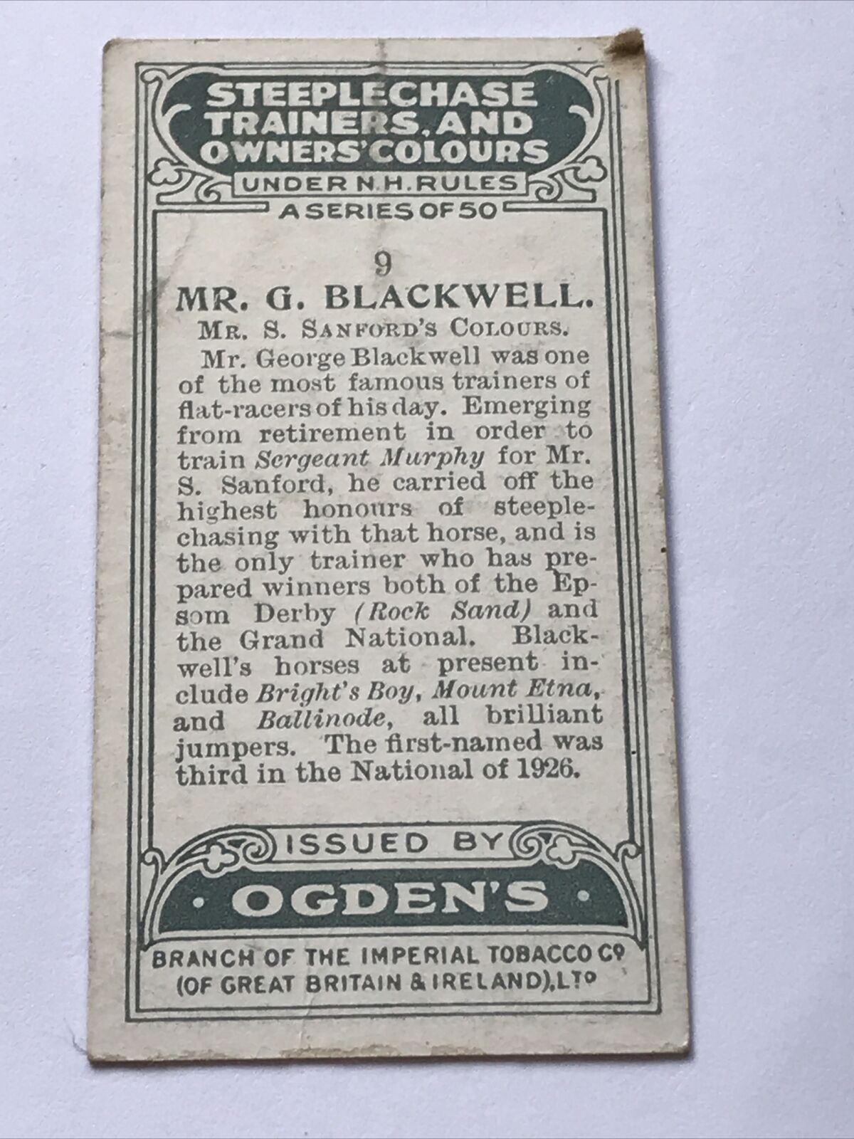 Ogdens Cigarette Card 1927 - Steeplechase Trainers & Owners Colours - No. 9 - Mr G. Blackwell - Mr S. Sanford's Colours