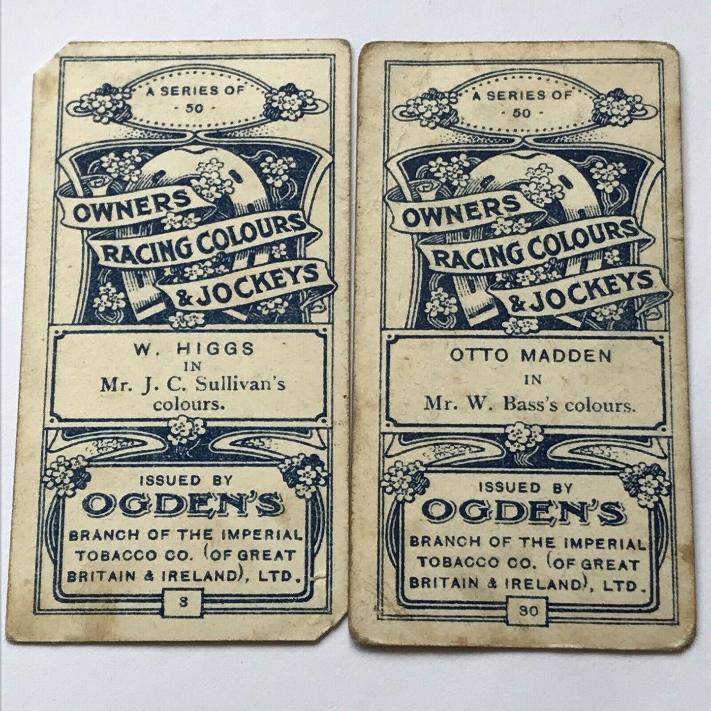 W Higgs Otto Madden OGDENS CIGARETTE #3 #30 Owners Racing Colours & Jockeys