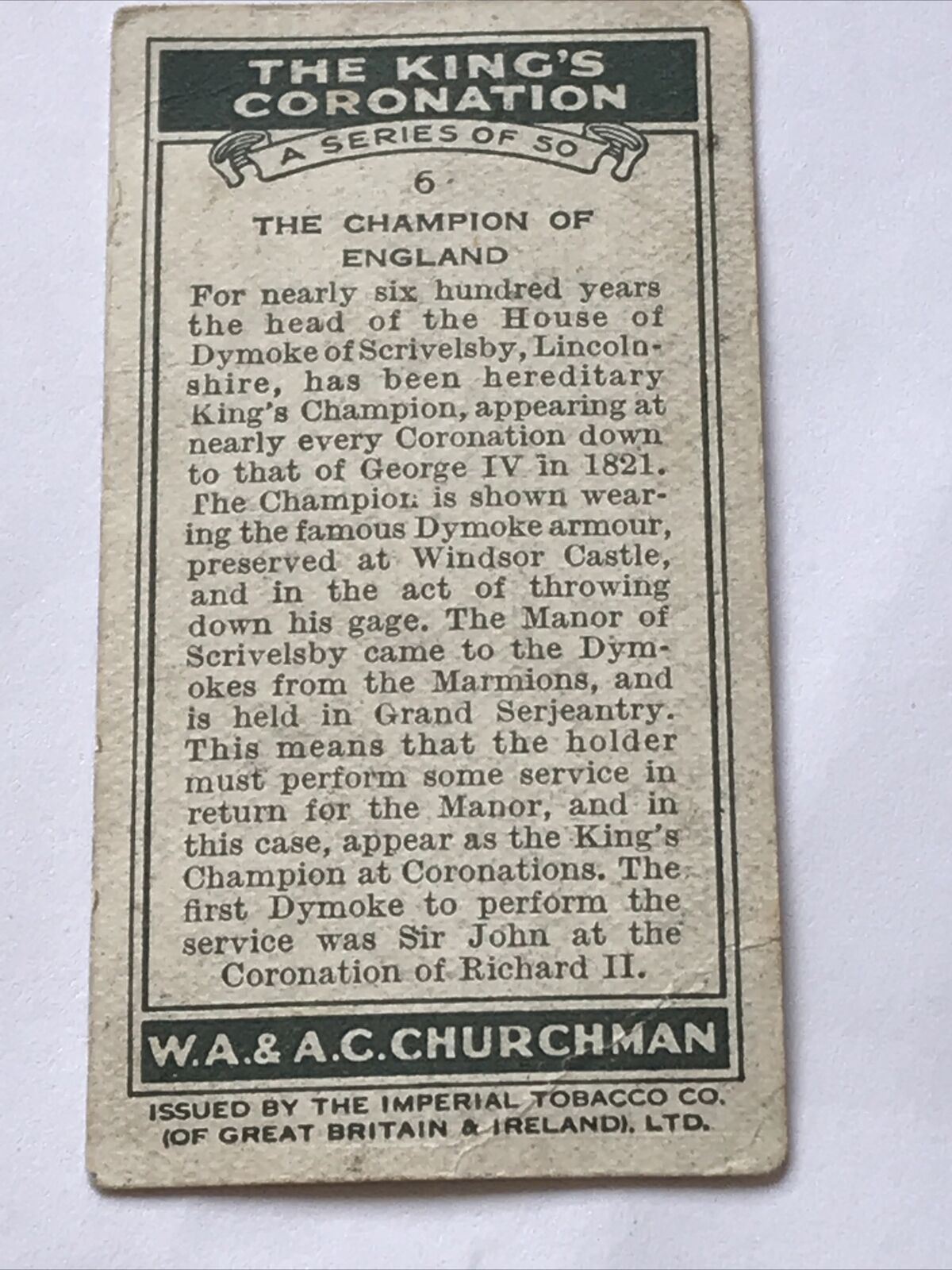 Churchman Cigarette Card The Kings Coronation #6 Champion Of England Richard II