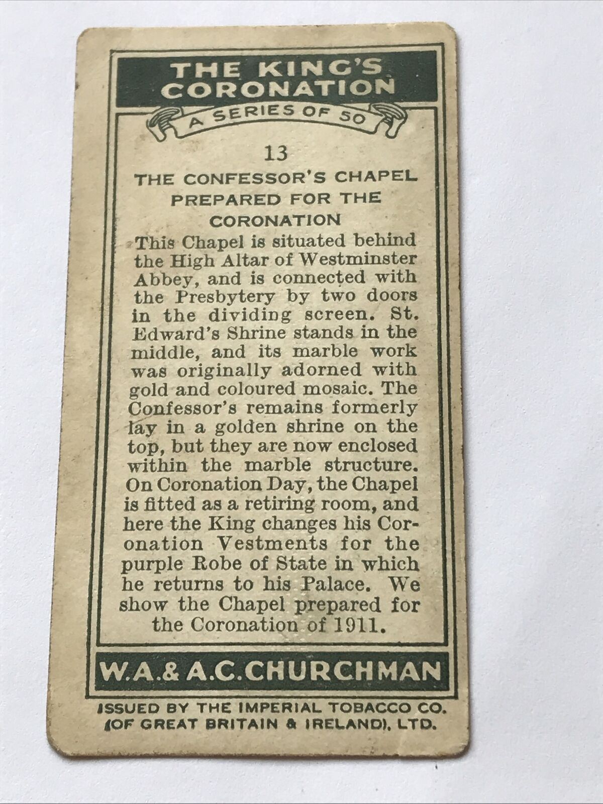 Churchman Cigarette Card. 1937. The Kings Coronation. #13 Confessors Chapel Prepared For The Coronation.