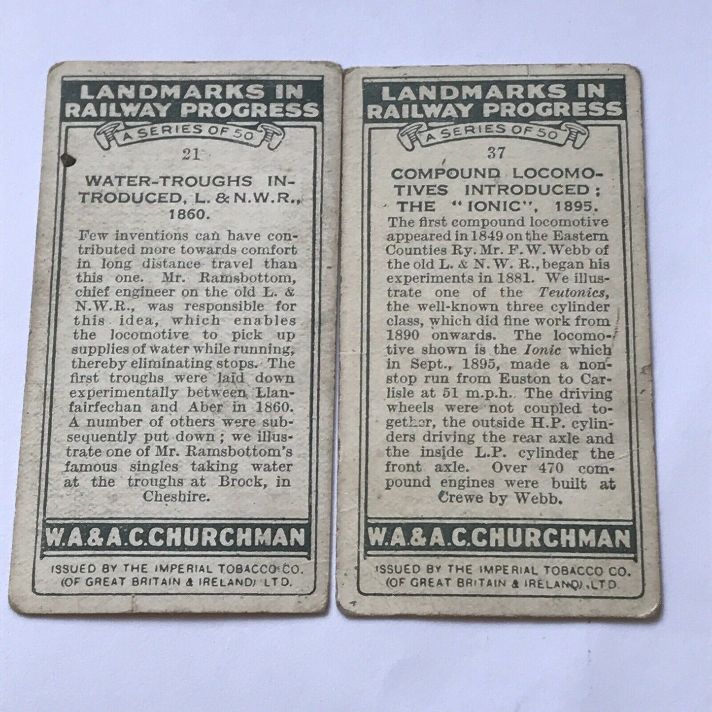 2 x LANDMARKS IN RAILWAY PROGRESS Churchman Cigarette Cards #21 #37 Water Trough