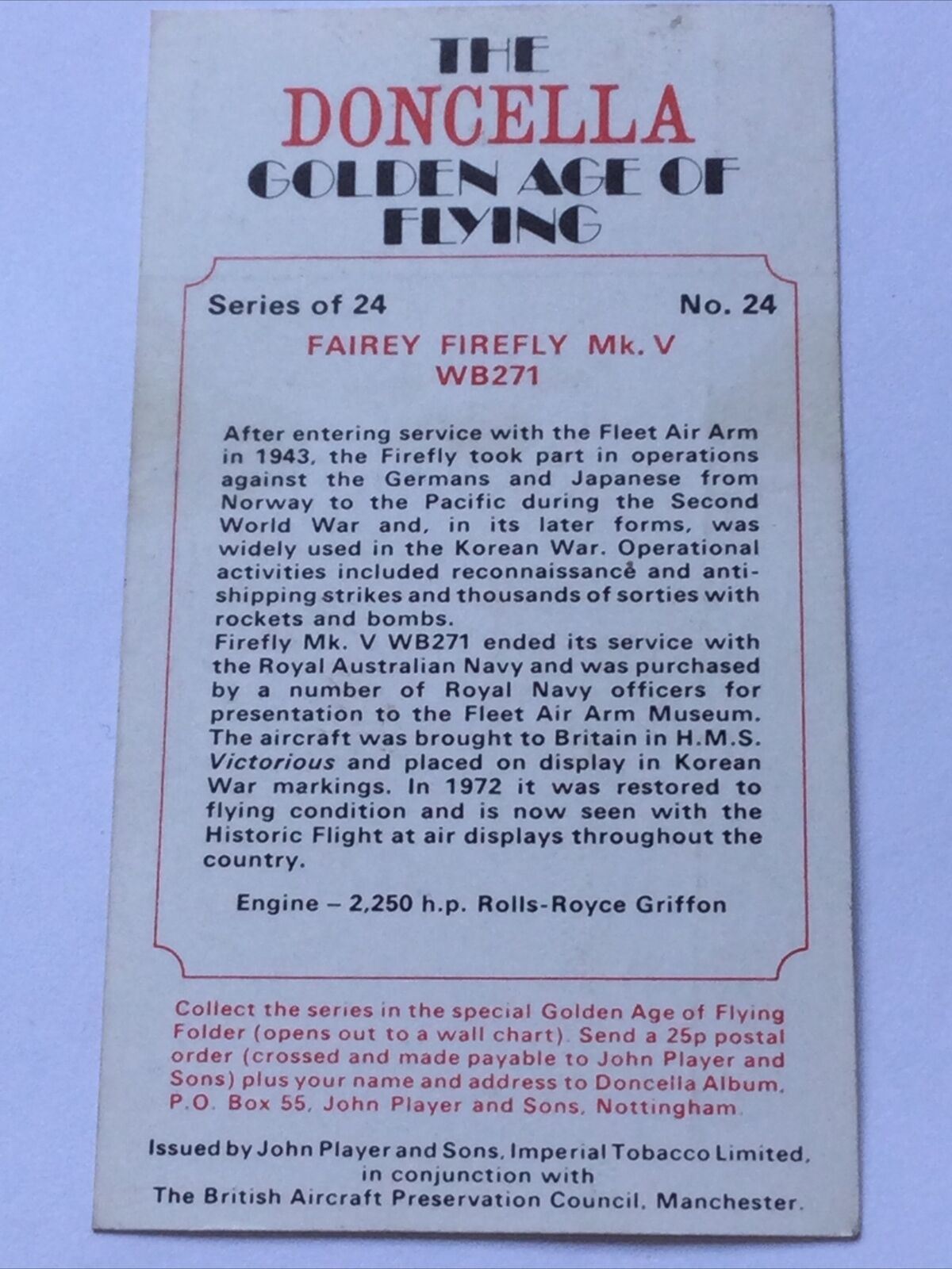 DONCELLA PLAYERS CIGARETTE CARD FAIREY FIREFLY MkV WB271 Golden Age Of Flying