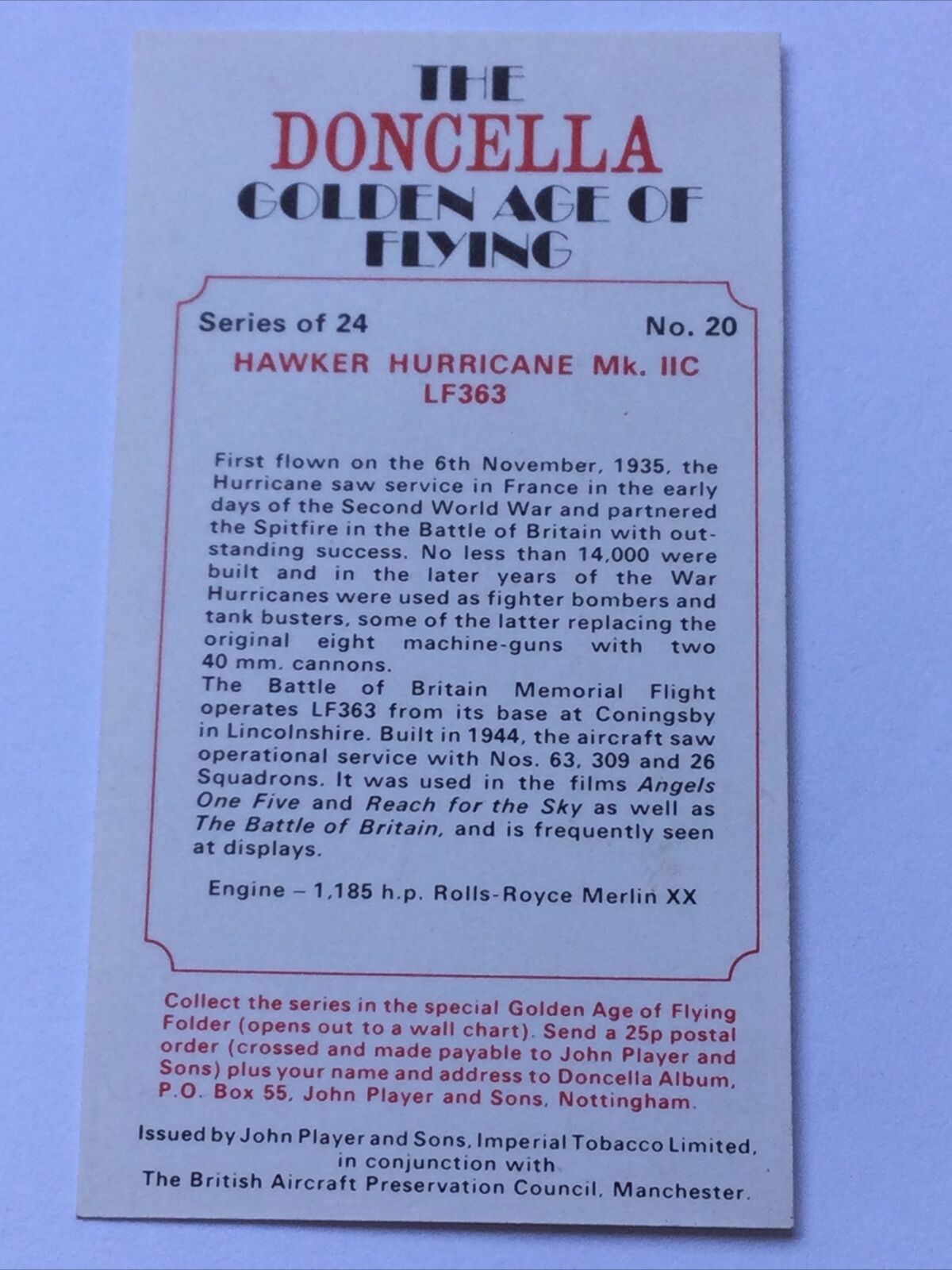DONCELLA CIGARETTE CARD HAWKER HURRICANE Mk IIC LF363 Golden Age Of Flying