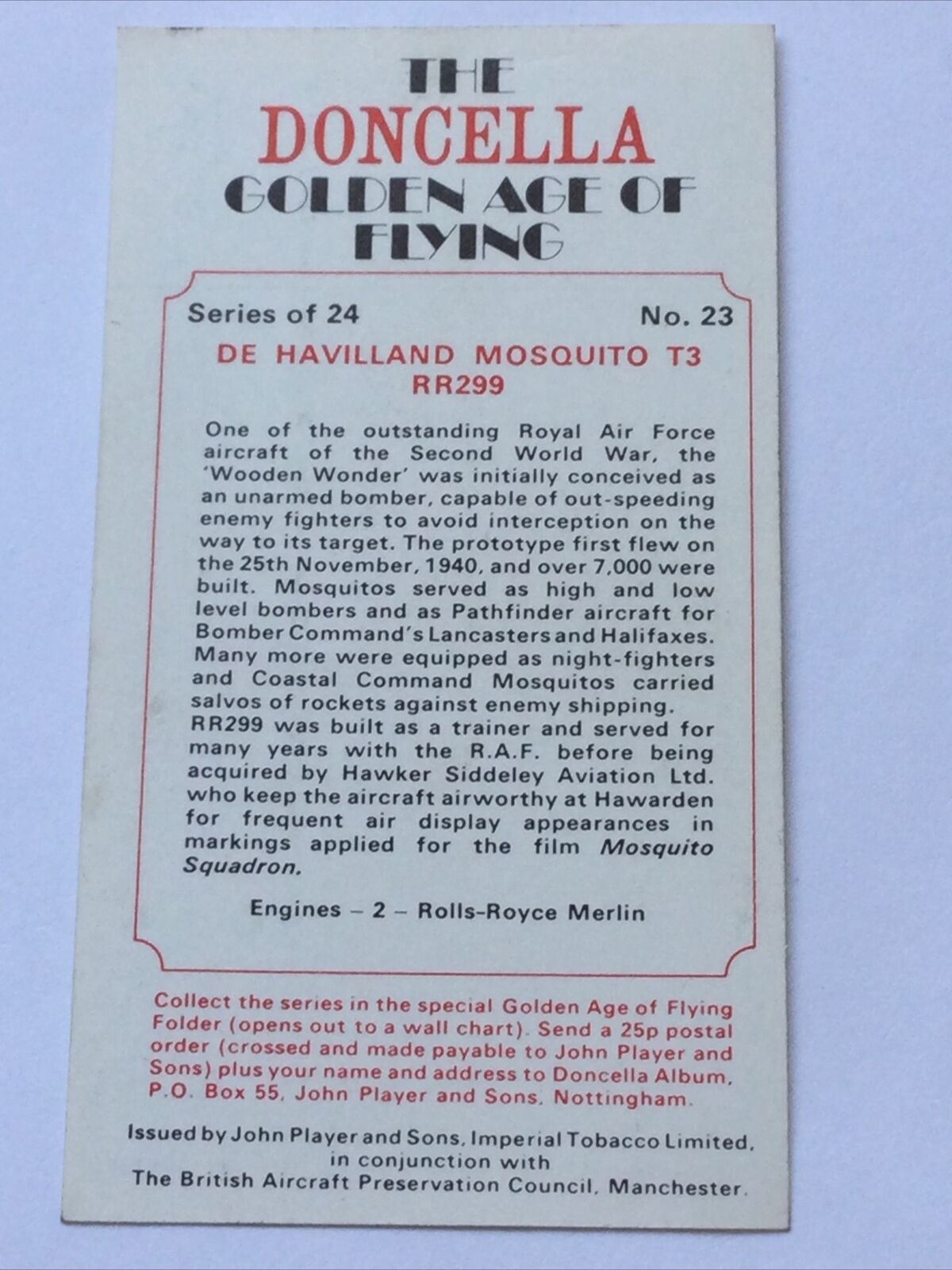 Doncella Cigarette Card - De Havilland Mosquito T3 RR299 - Golden Age Of Flying - RAF Aircraft