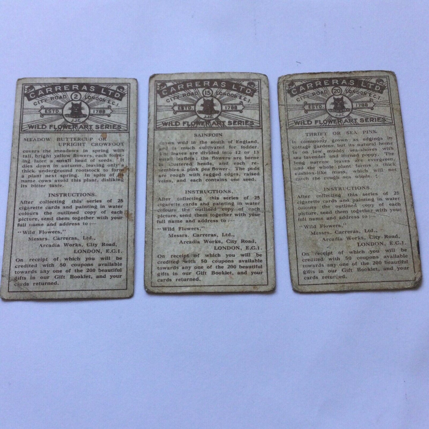 CARRERAS WILD FLOWER ART SERIES Cigarette Cards 3 x Cards nos. 2, 15, 20. Meadow Buttercup