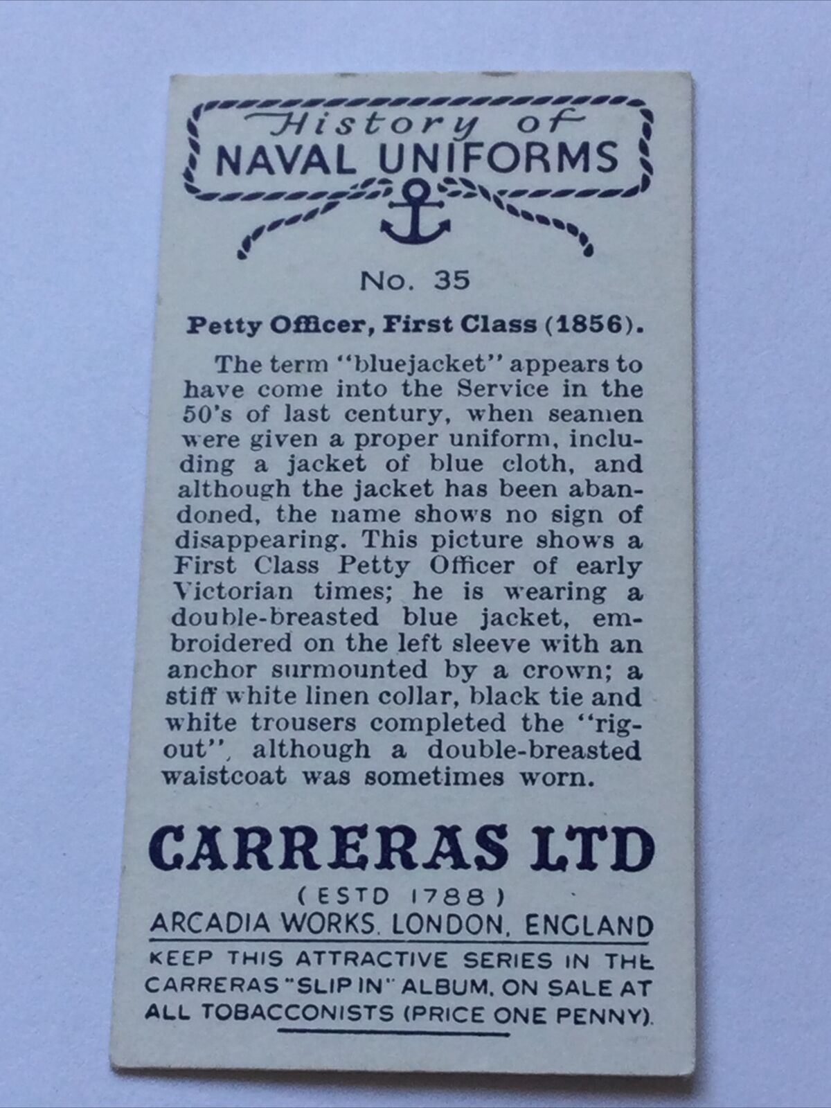 CARRERAS HISTORY OF NAVAL UNIFORMS #35 Petty Officer First Class 1856 Bluejacket