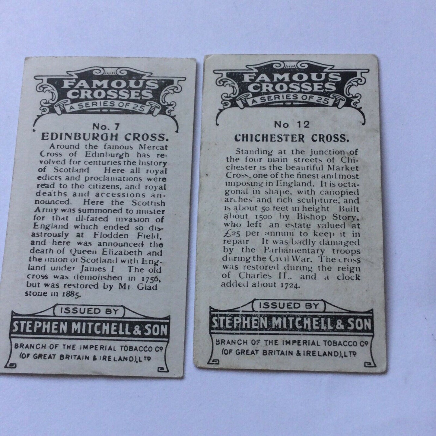 Famous Crosses - Vintage Mitchell Cigarette Cards x2 - #7 Edinburgh - #12 Chichester