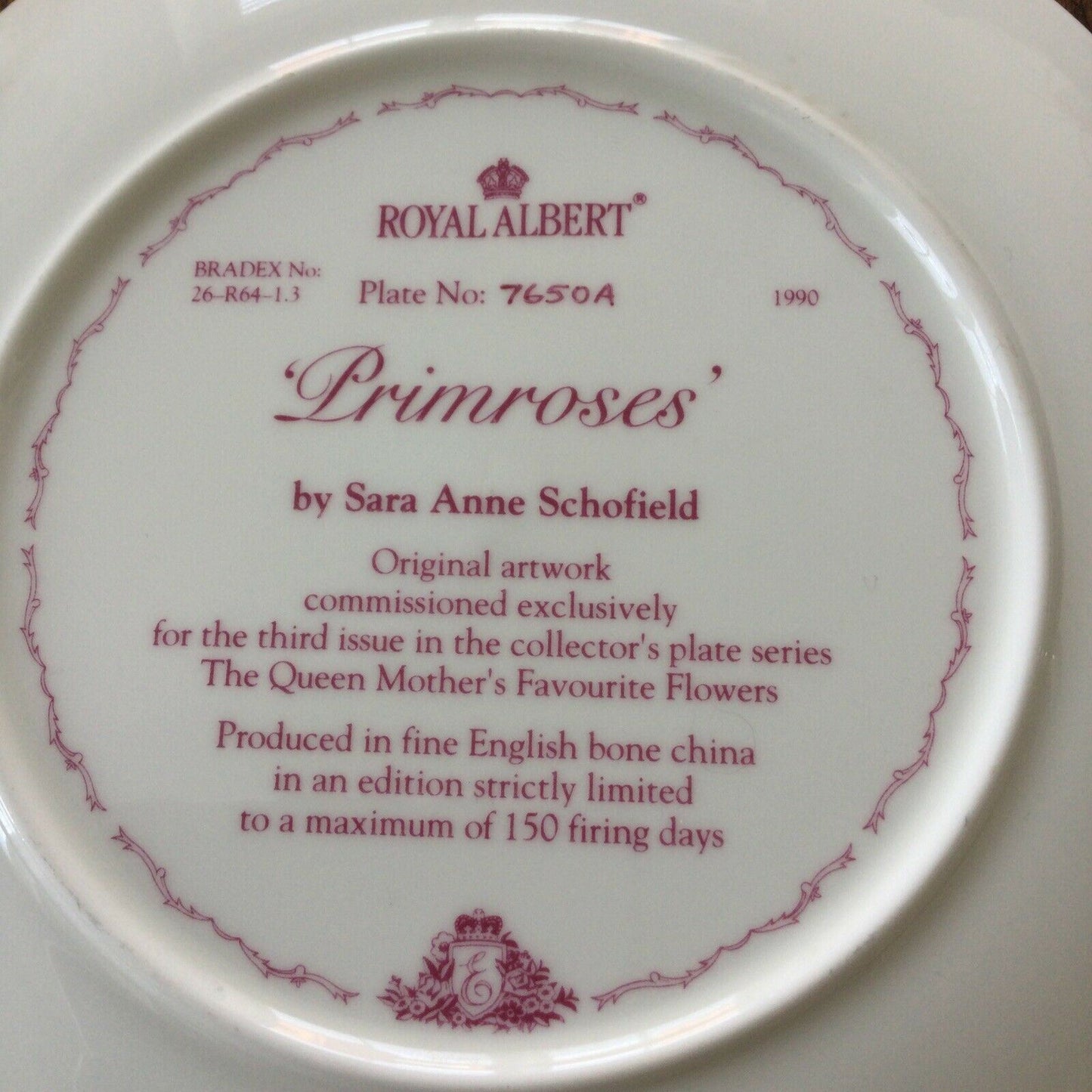 Royal Albert Queen Mother 1990 Collectible Plate ‘Favourite Flowers’ #3 Primroses Ltd Edition