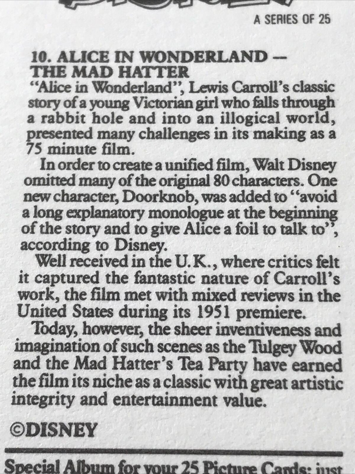 Vintage DISNEY Alice In Wonderland Brooke Bond Tea Card - THE MAD HATTER #10 1989