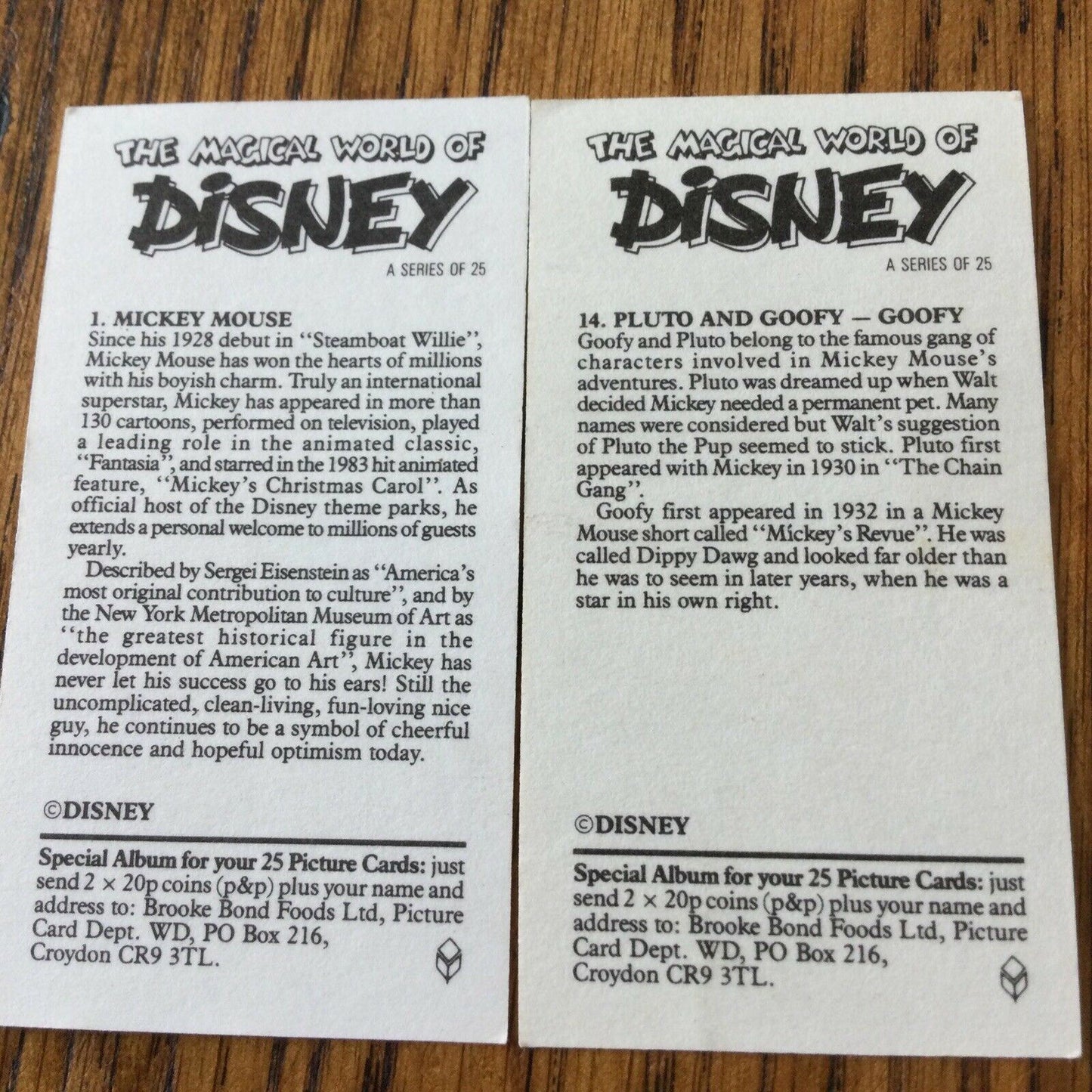 Vintage DISNEY Brooke Bond Tea Cards x2 - MICKEY MOUSE and GOOFY - 1989 - 80s Memorabilia