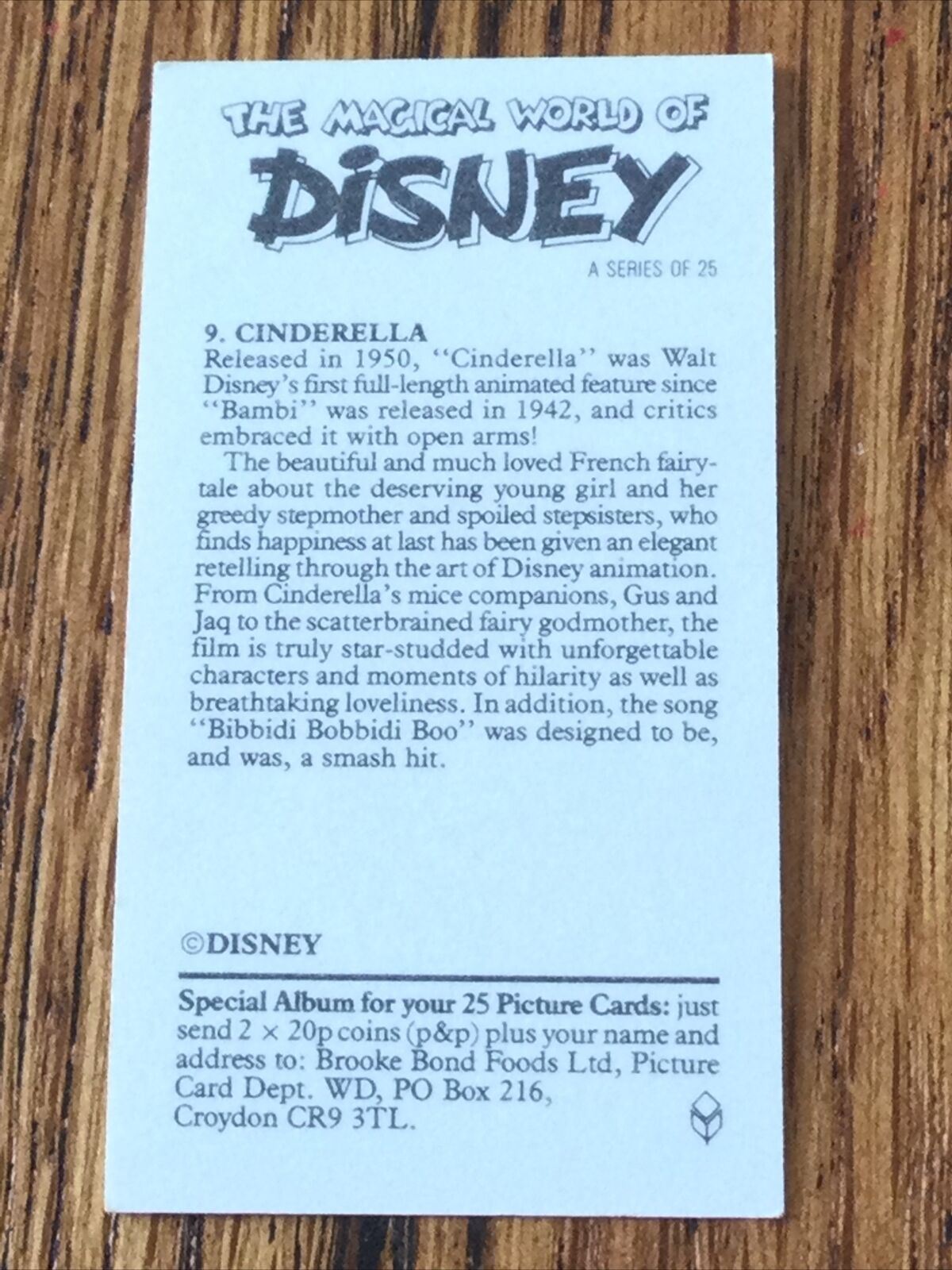 Vintage DISNEY Brooke Bond Card - CINDERELLA - #9 1989 80s Memorabilia Collectable