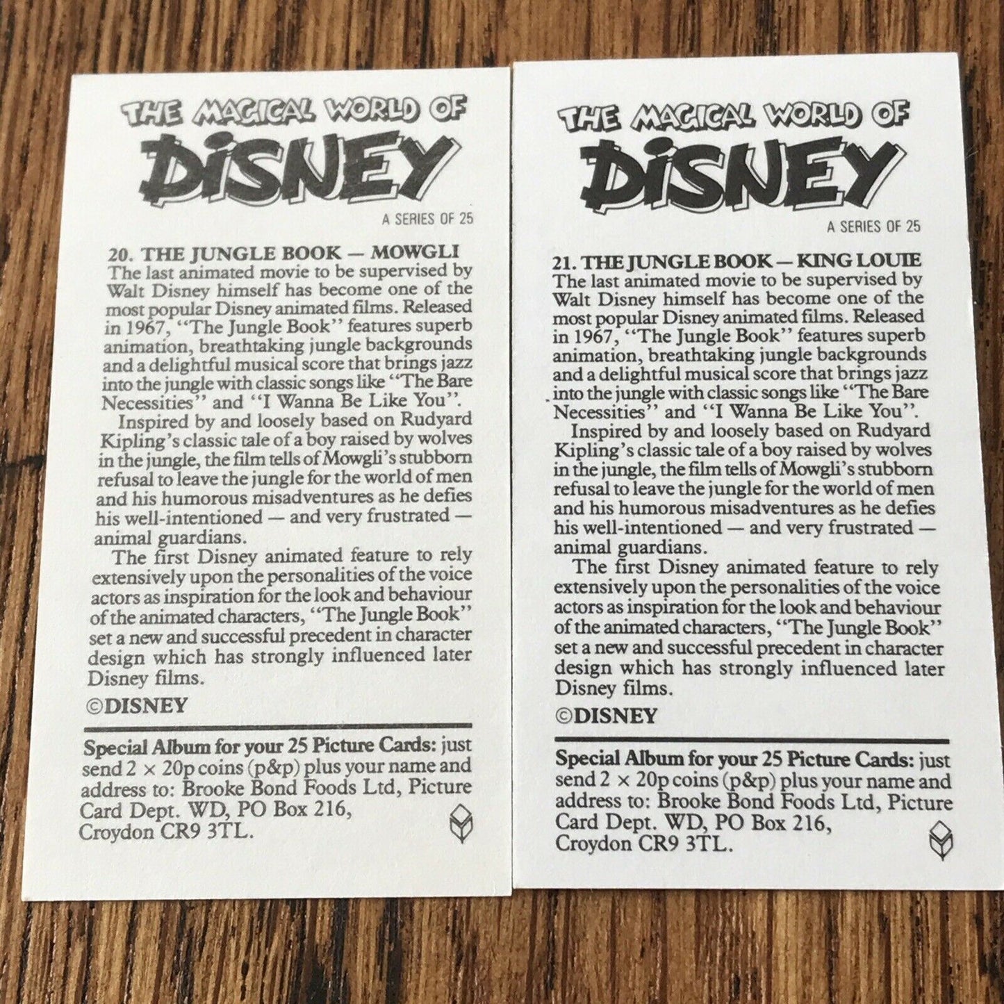 Vintage DISNEY Brooke Bond Tea Cards x2 - The Jungle Book - No. 20 MOWGLI and No. 21 KING LOUIE 1989