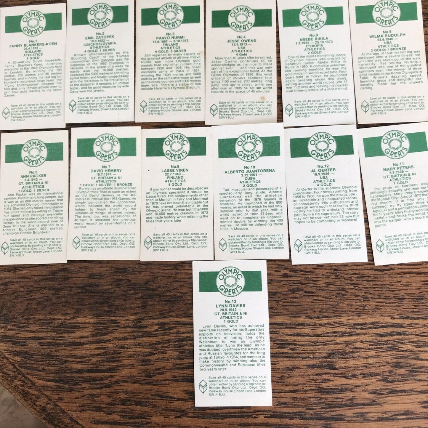 OLYMPICS ATHLETICS MEDALISTS Brooke Bond Tea Cards Olympic Greats #1-13
