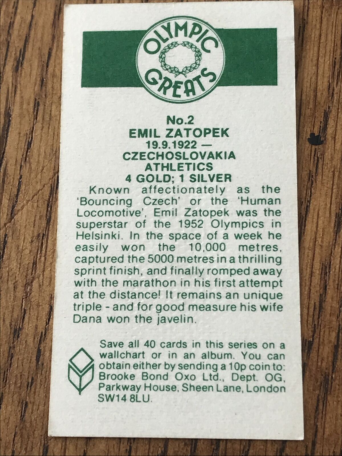 Brooke Bond Tea Card - Olympic Greats - #2 Emile Zatopek - 1952 Helsinki - Czech athlete - The Bouncing Czech
