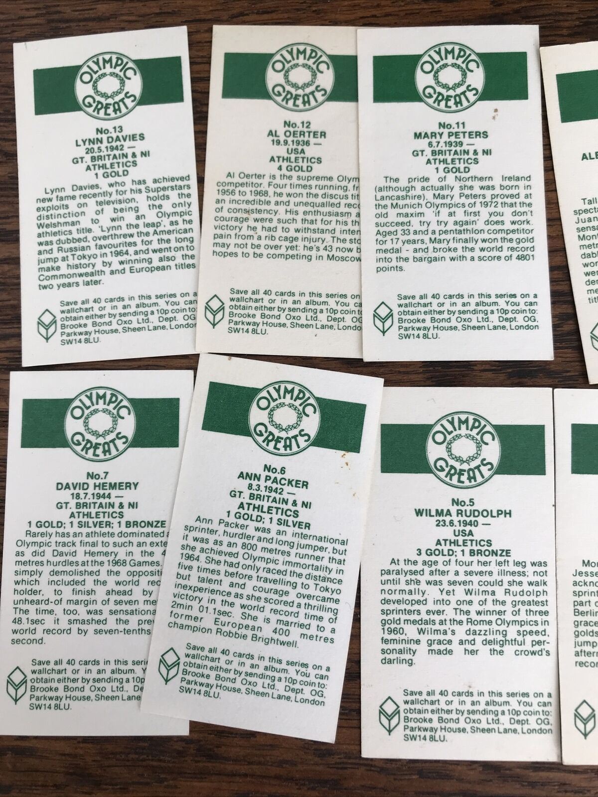 Brooke Bond Tea Cards - Olympic Greats #2-13 - Olympic Athletes Gold Medallists - Set of 12